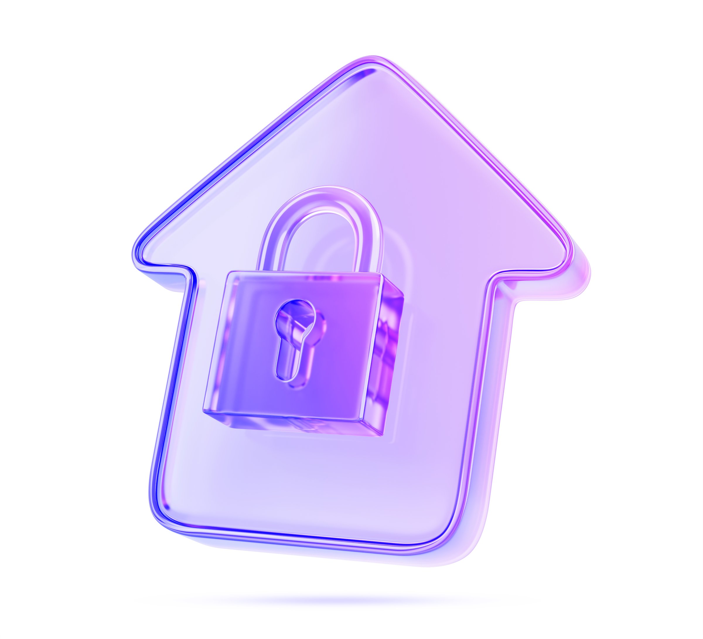 3d glass holographic house icon with padlock render. Concept of property protection, home security system, insurance, house construction under key. Gradient building with closed lock. 3D illustration