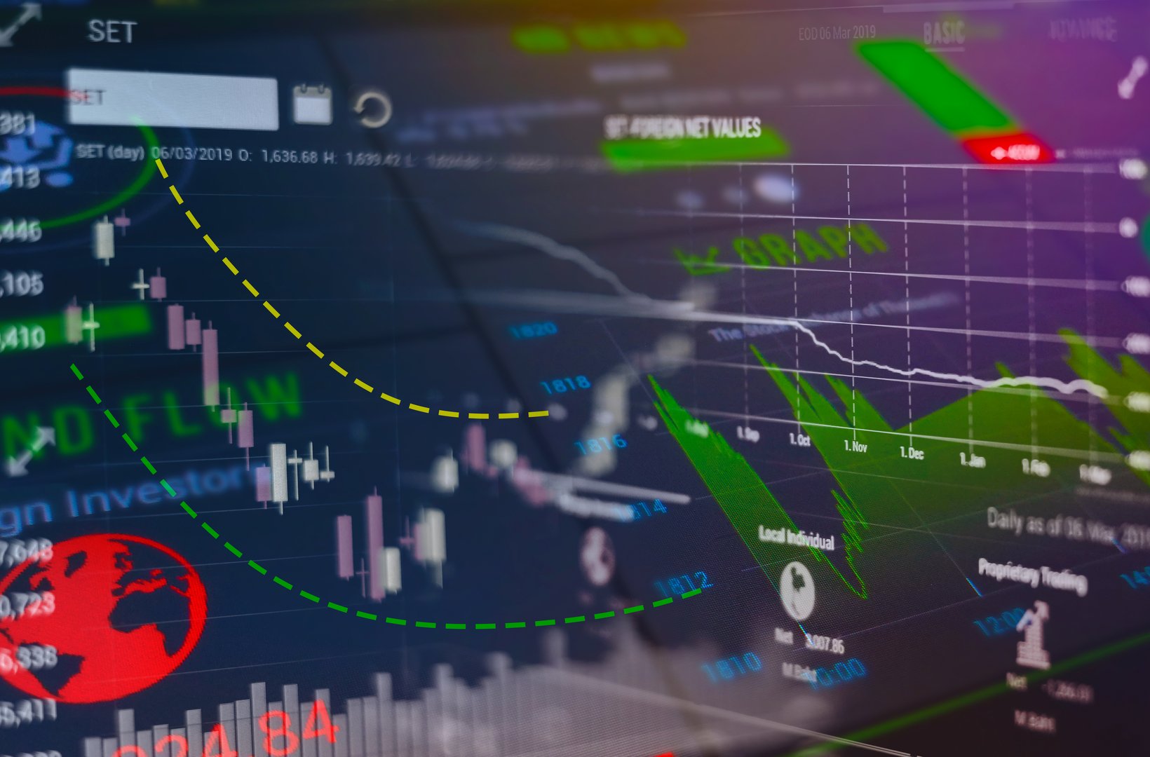 Business  Charts stock   of financial instruments with various type of indicators combine with gold and account book and money.