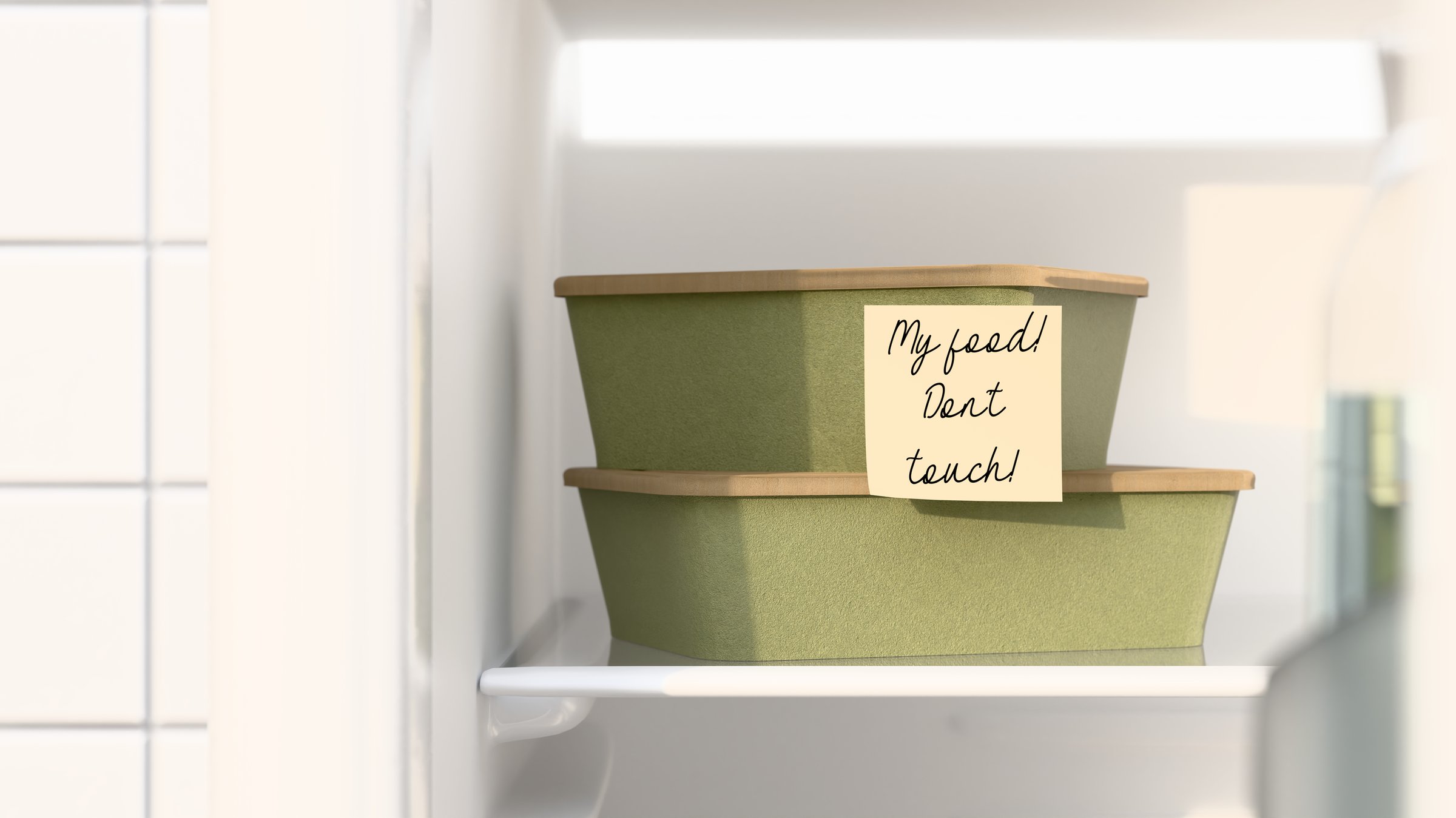 Green eco containers with lunch and note on it that says My food, don't touch is sitting on shelf in office refrigerator. Concept of conscious consumption and reducing spending. 3d illustration.