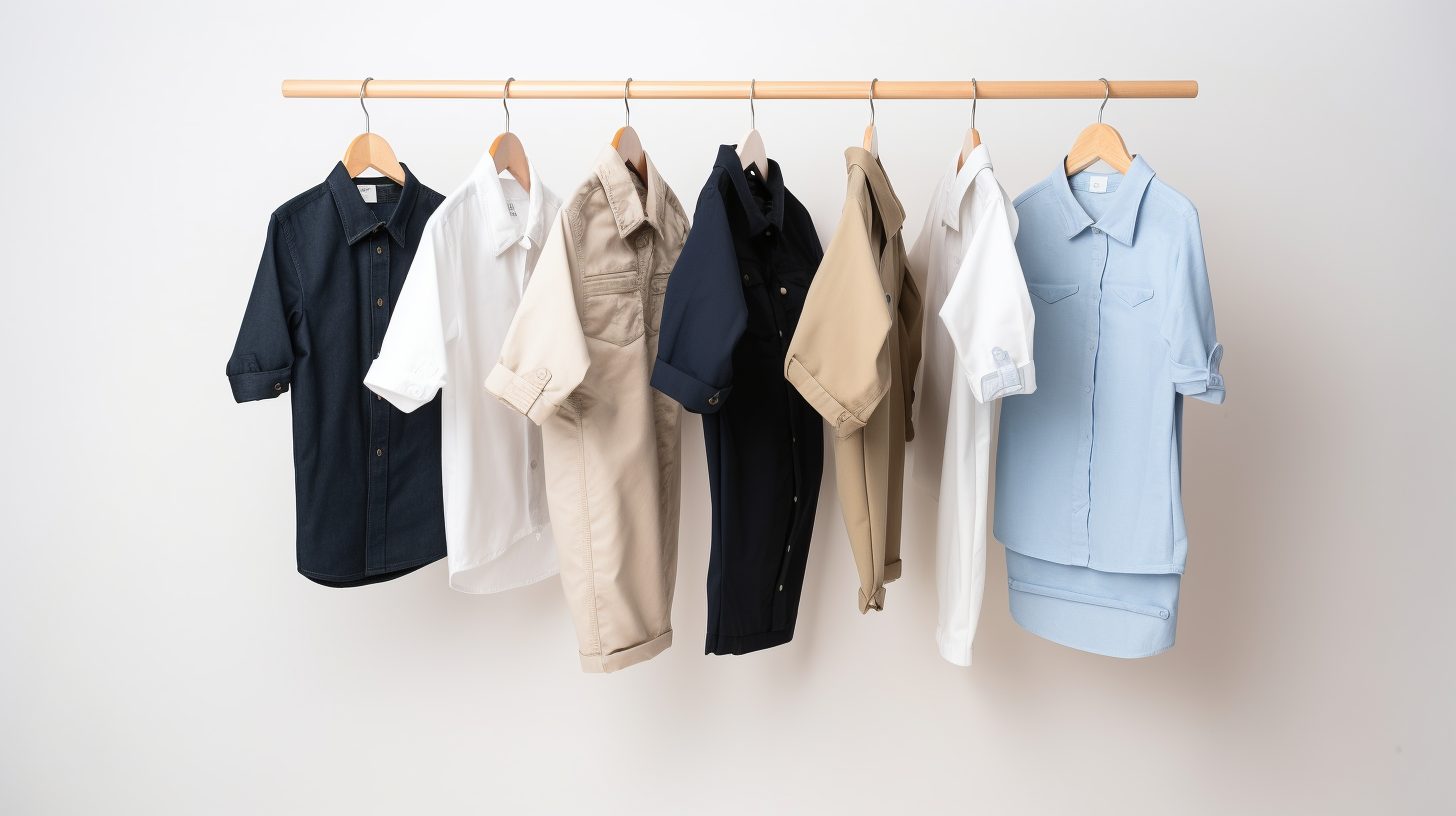 A row of neatly folded men's button-up shirts in various colors, including navy, white, beige, and blue, hanging on a wooden rod.