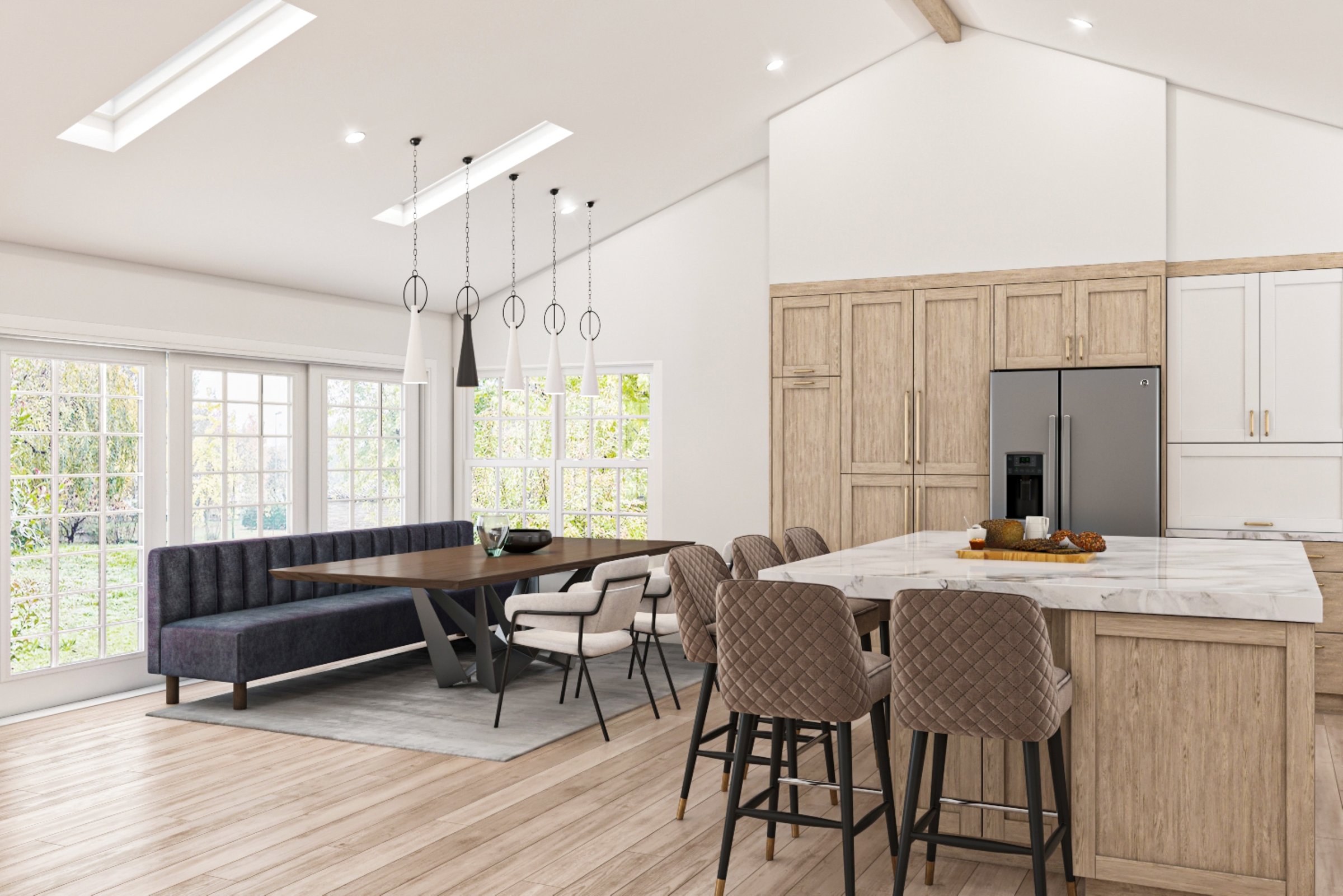 Stylish indoor kitchen and dining area featuring modern furniture, wooden finishes, and natural light streaming through large windows. The composite layout creates a welcoming atmosphere with abundant functional space.