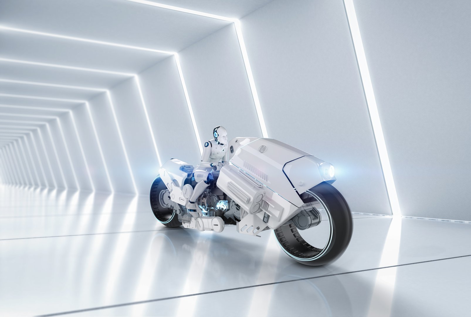 Racing technology with 3d rendering robot riding on motorbike with speed