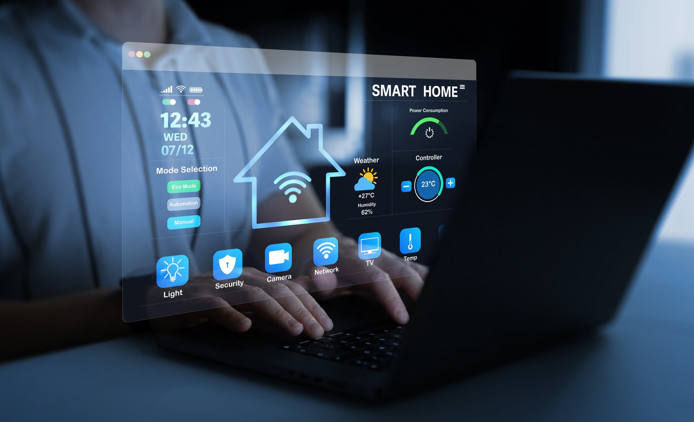 Person using digital dashboard of smart home app for control home appliances. Technology assistant for smart devices,intelligent house or smart home technology