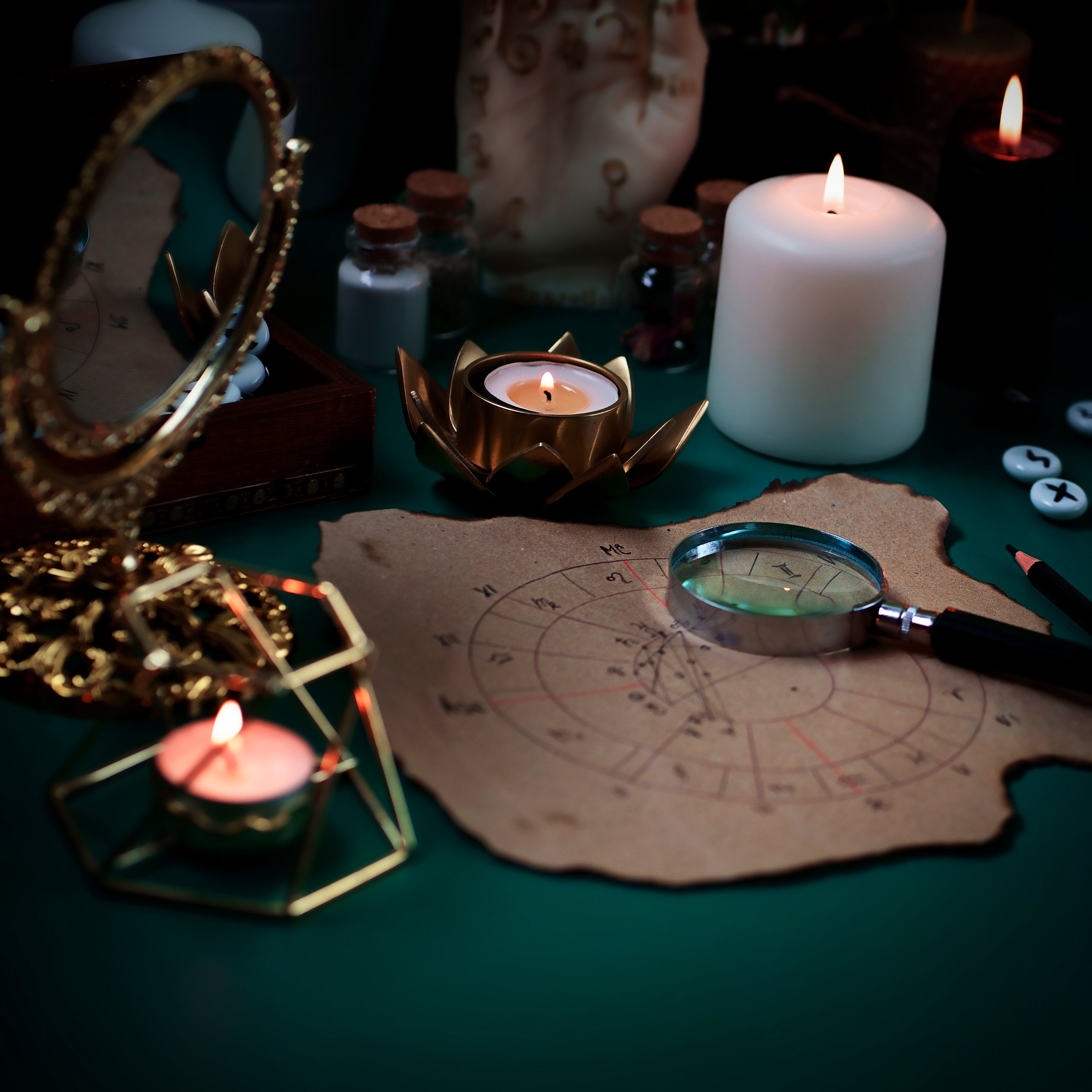 Astrological forecast, mysticism and science concept. Natal Astrology charts at spiritual seance. Fate And Karma. Fortune telling on divination cards