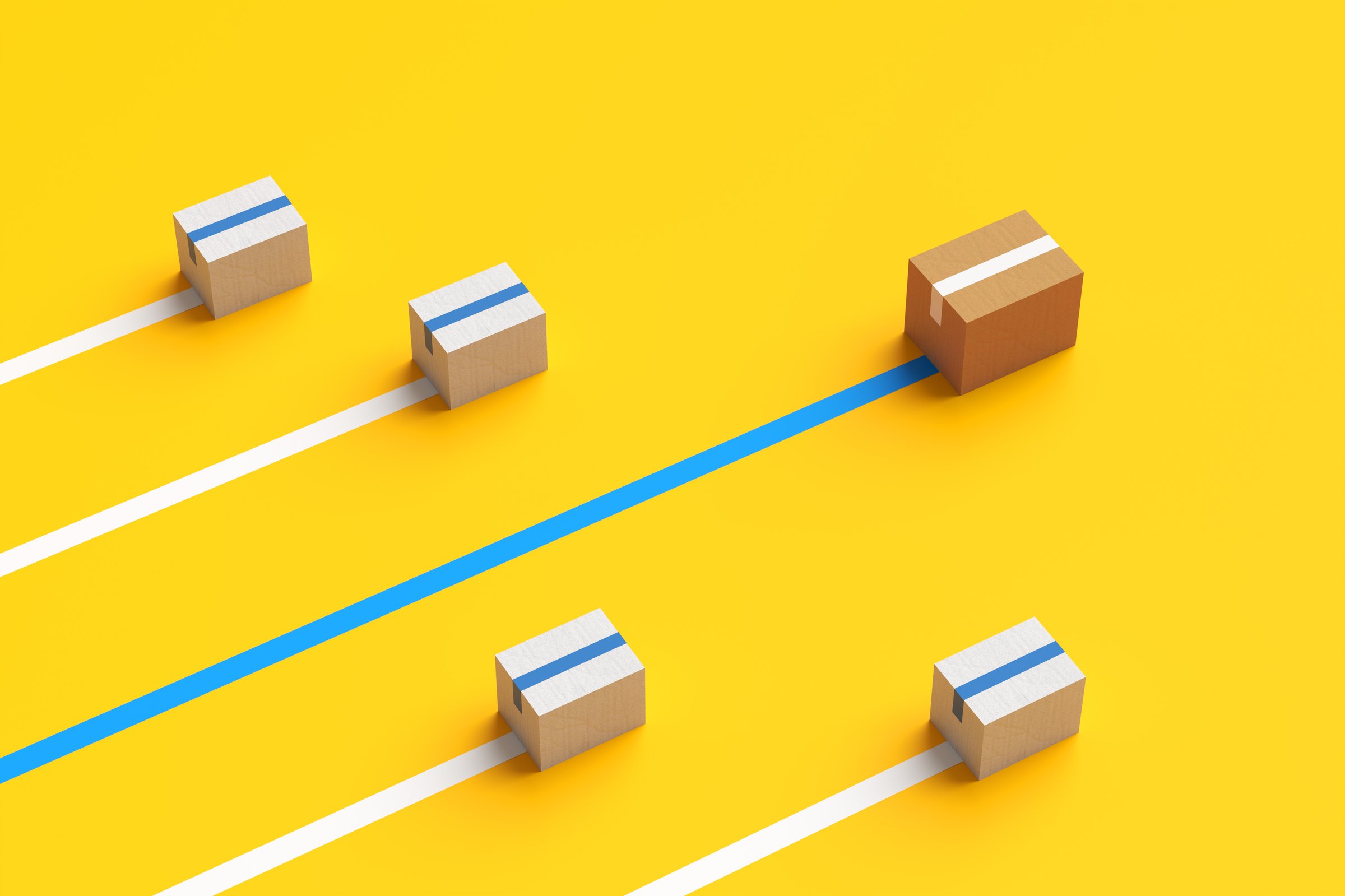 Logistics, and fast cargo delivery. Brown cardboard package is overtaking other white packages on a yellow background. 3D render