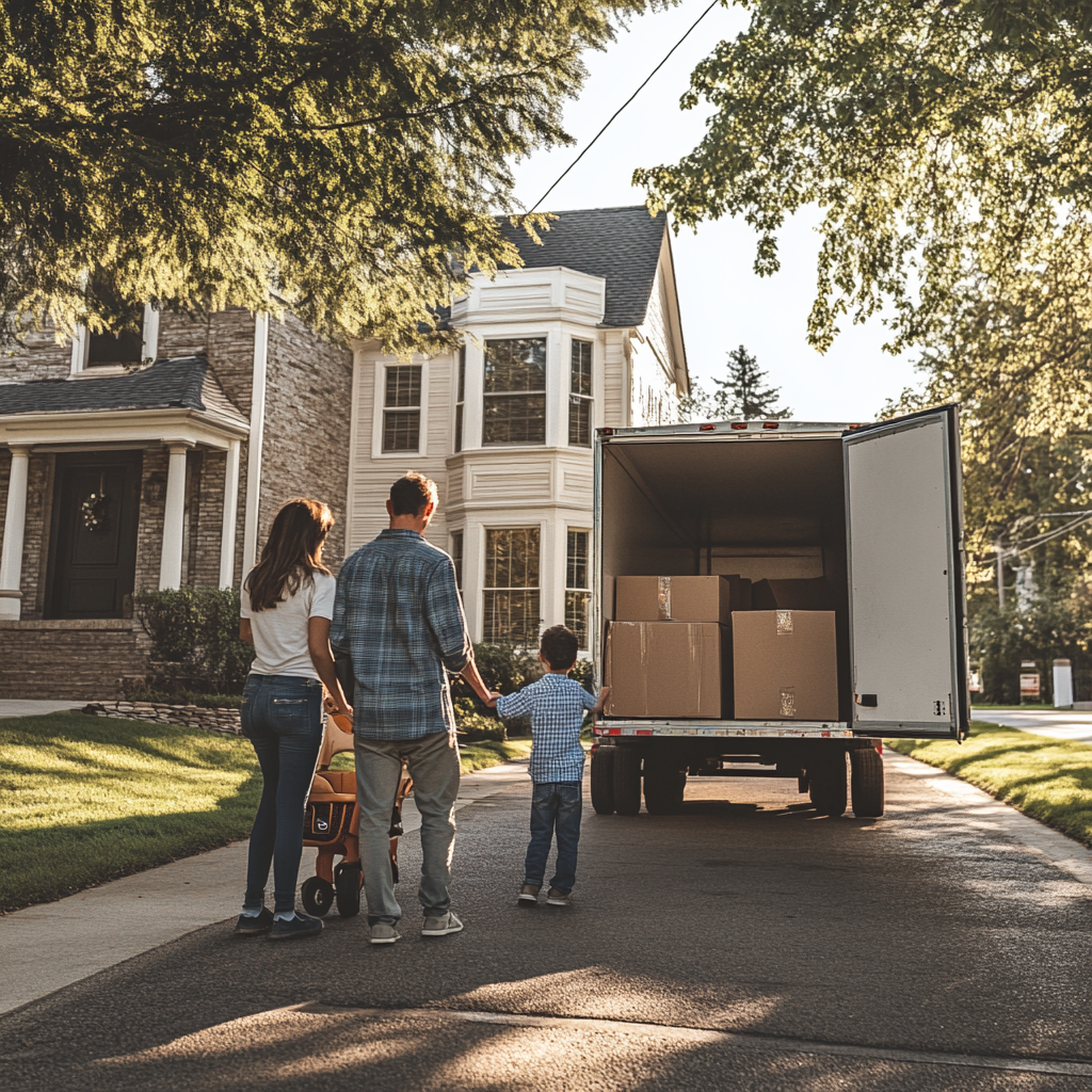 Family of three moves boxes from a truck into a suburban home on a sunny day.