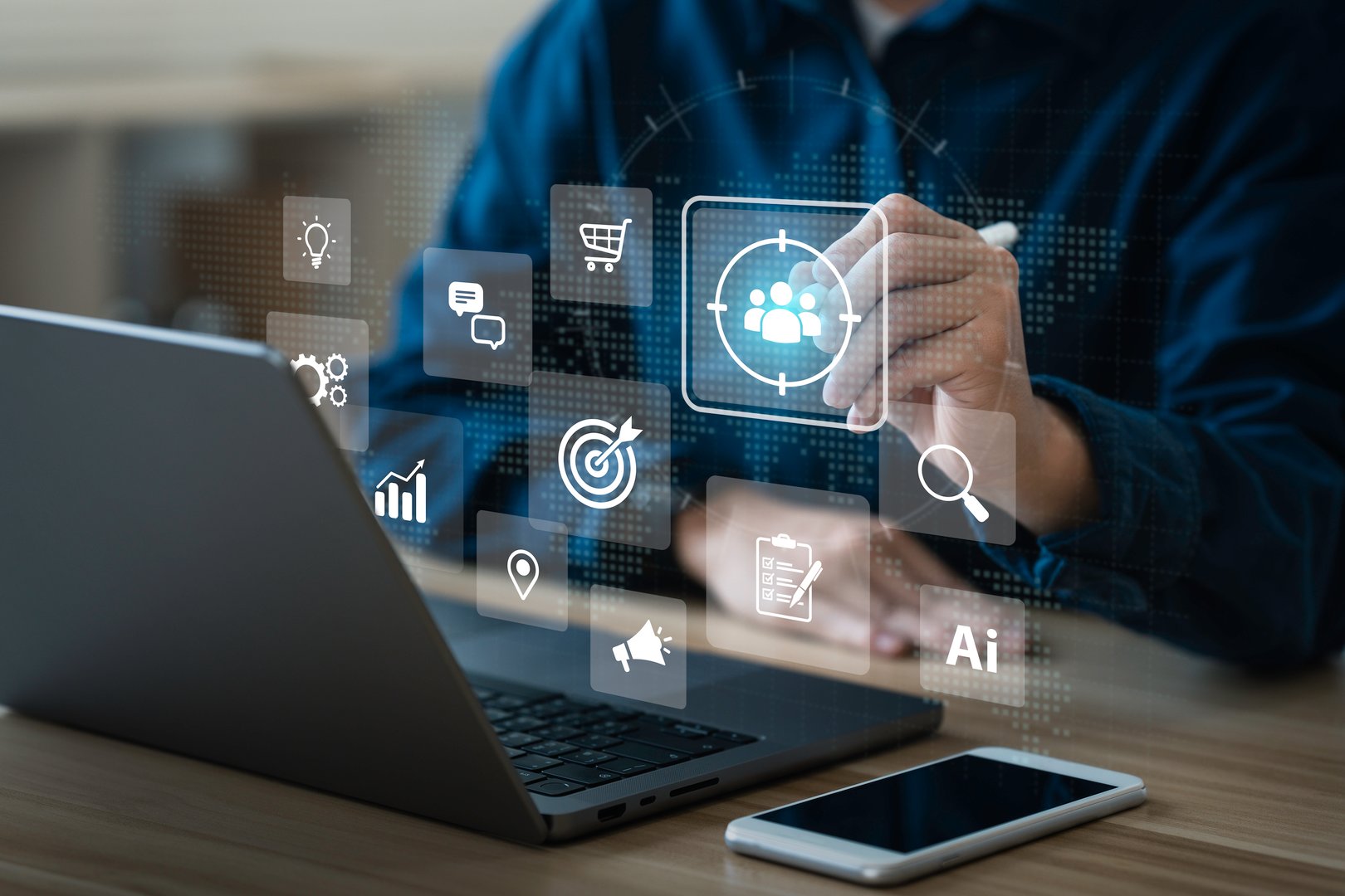 Businessman touching on screen to target customer. for buyer persona. customer behavior analysis concept. Marketing plan and strategies. Personalization marketing, customer-centric strategies.