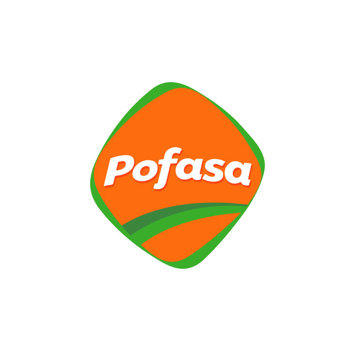 Logo with the word Pofasa in white on an orange and green geometric shape.