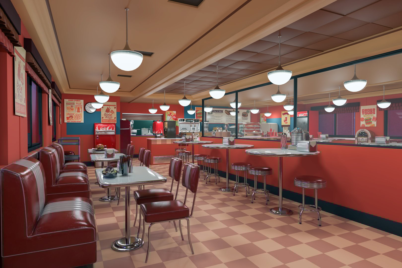 Interior of a retro 1960s style American diner with red vinyl seats and checked floor. 3D rendered illustration.
