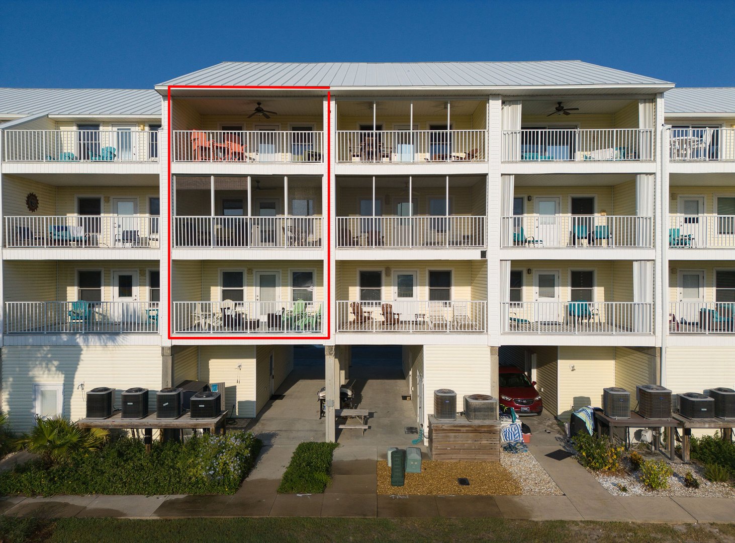 Gulf-front deck at The Salty Mermaid Cape San Blas beachfront rental showing panoramic Gulf views and outdoor seating area