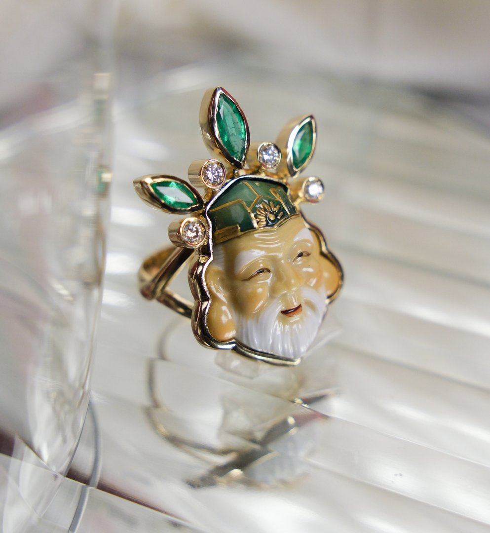 Anel Longevidade - Jurōjin - Prata ouro 18k diamantes safiras