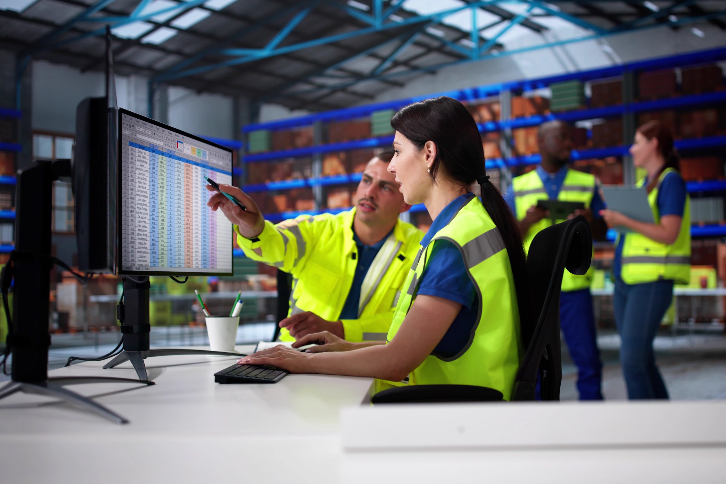 Warehouse Inventory Management On Computer. Staff In Office