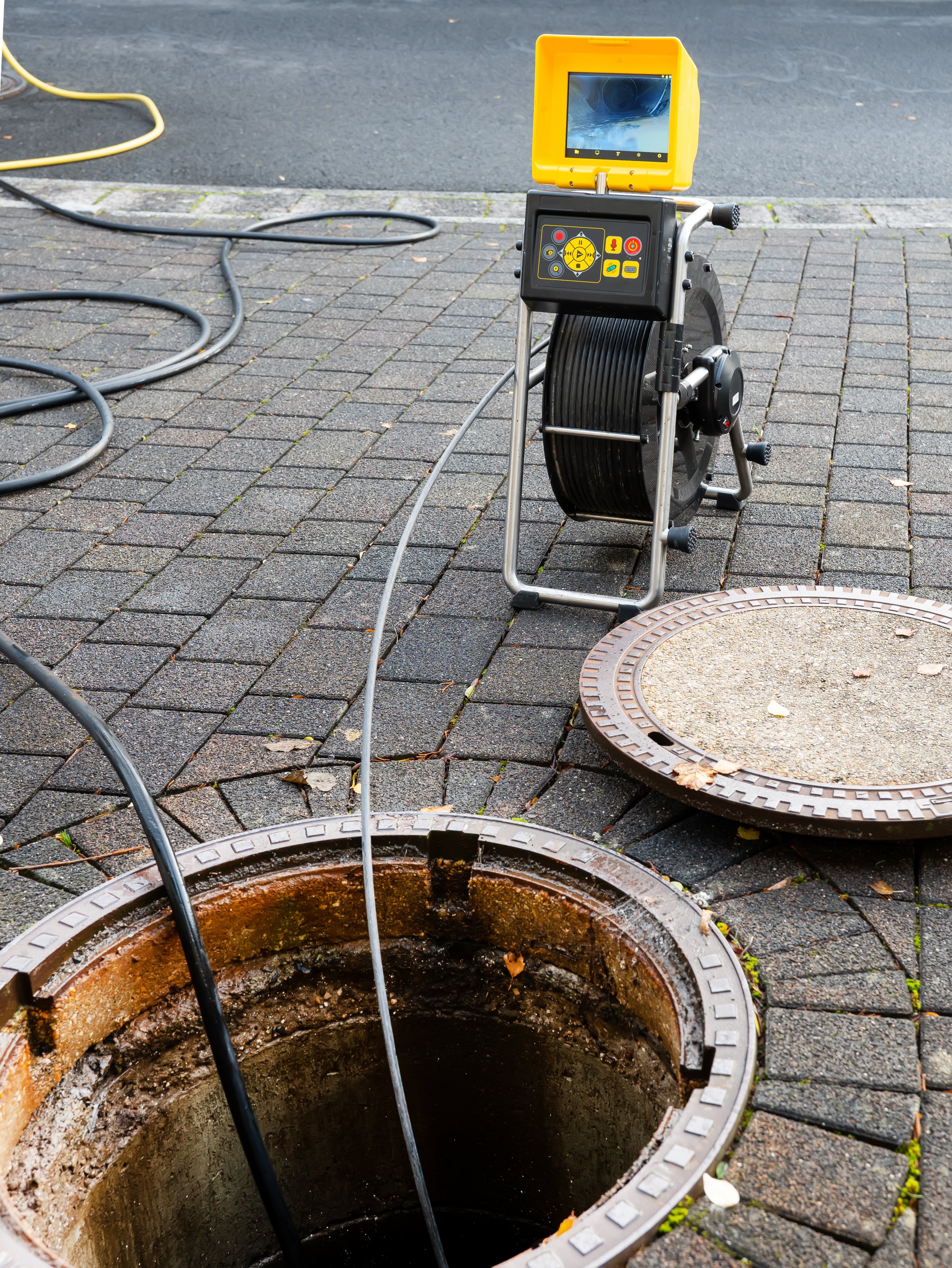 A drain cleaning company checks a blocked drain with a camera before flushing it out