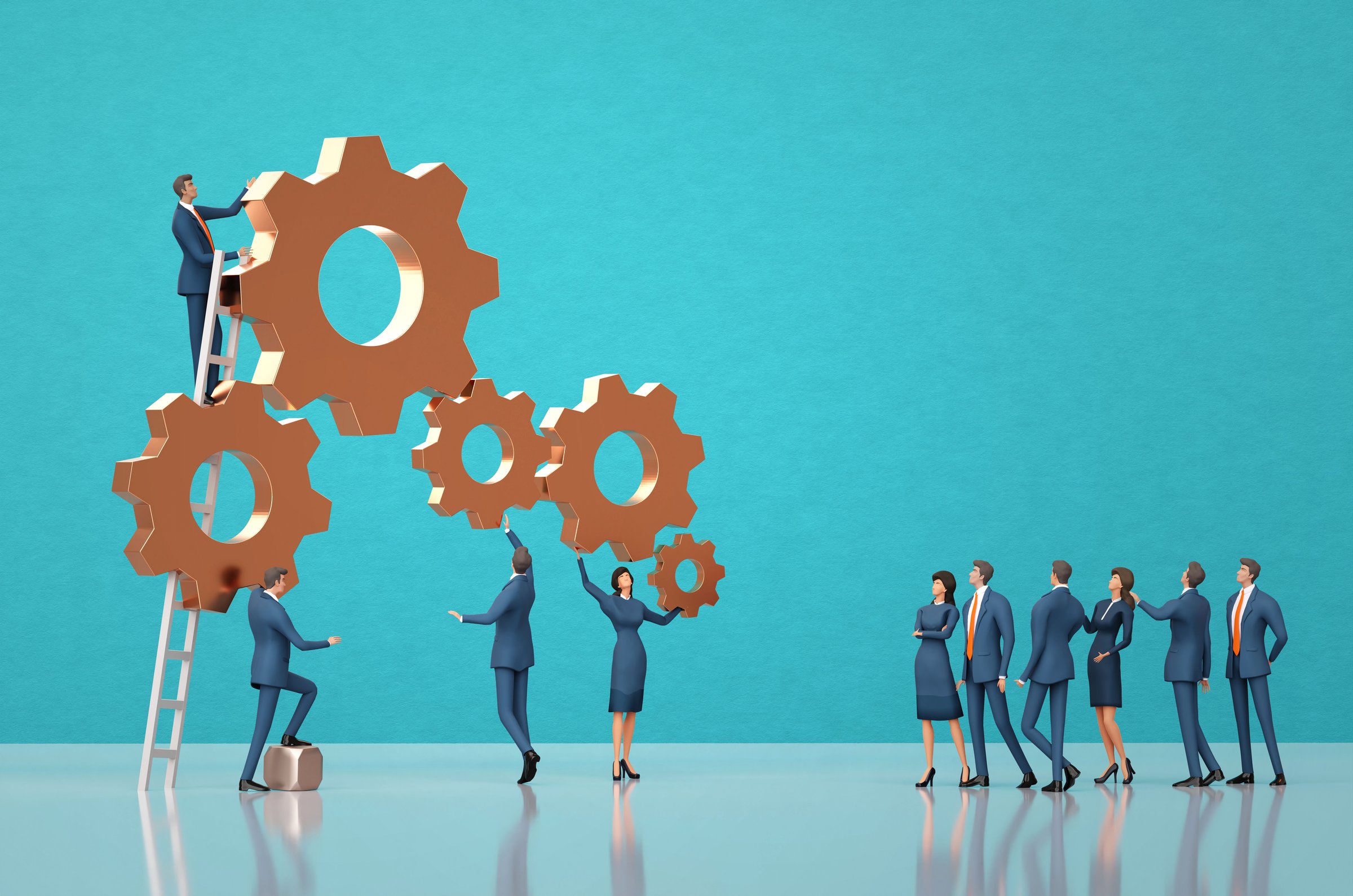 Progression people working together wit golden gear sea cogs. 3D rendering