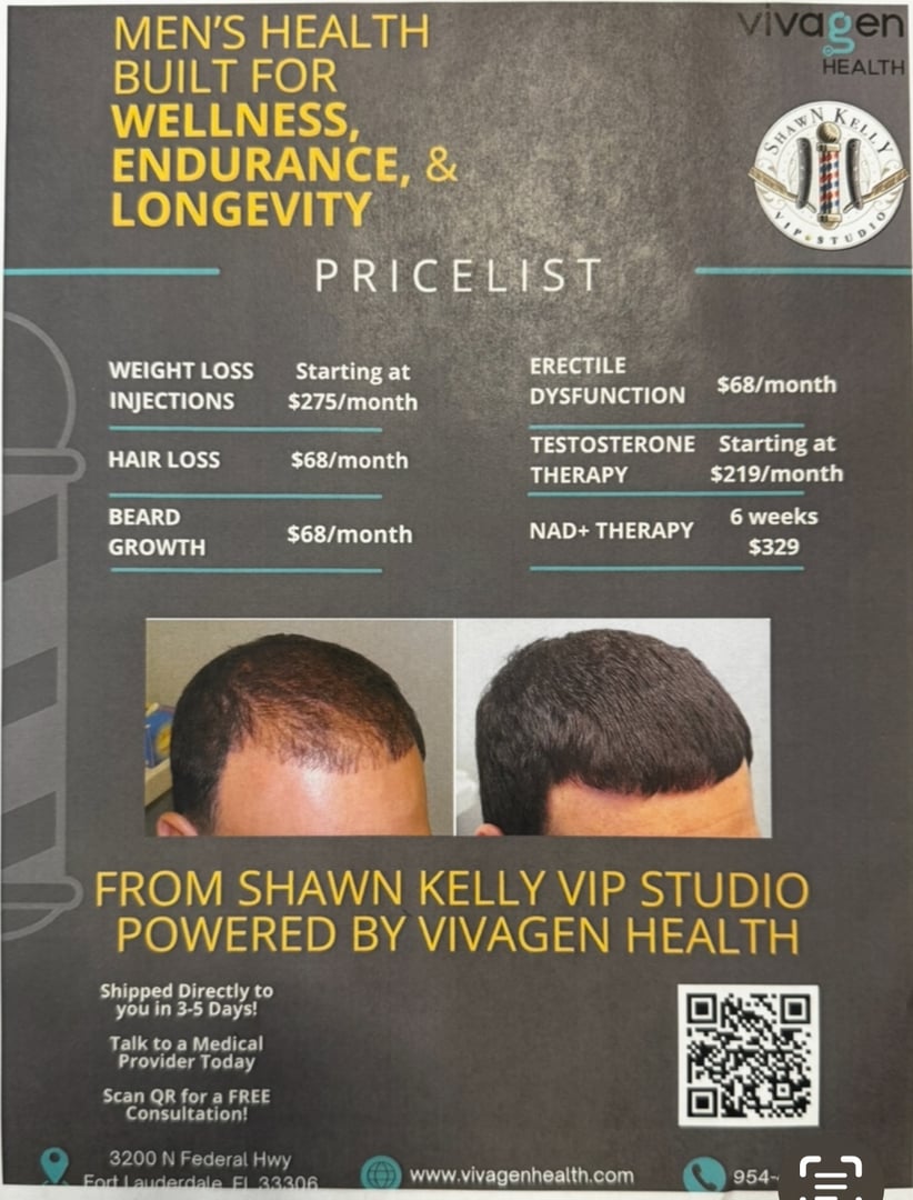 Pricelist for mens health services, including weight loss, erectile dysfunction, and hair loss treatments by Vivagen Health.