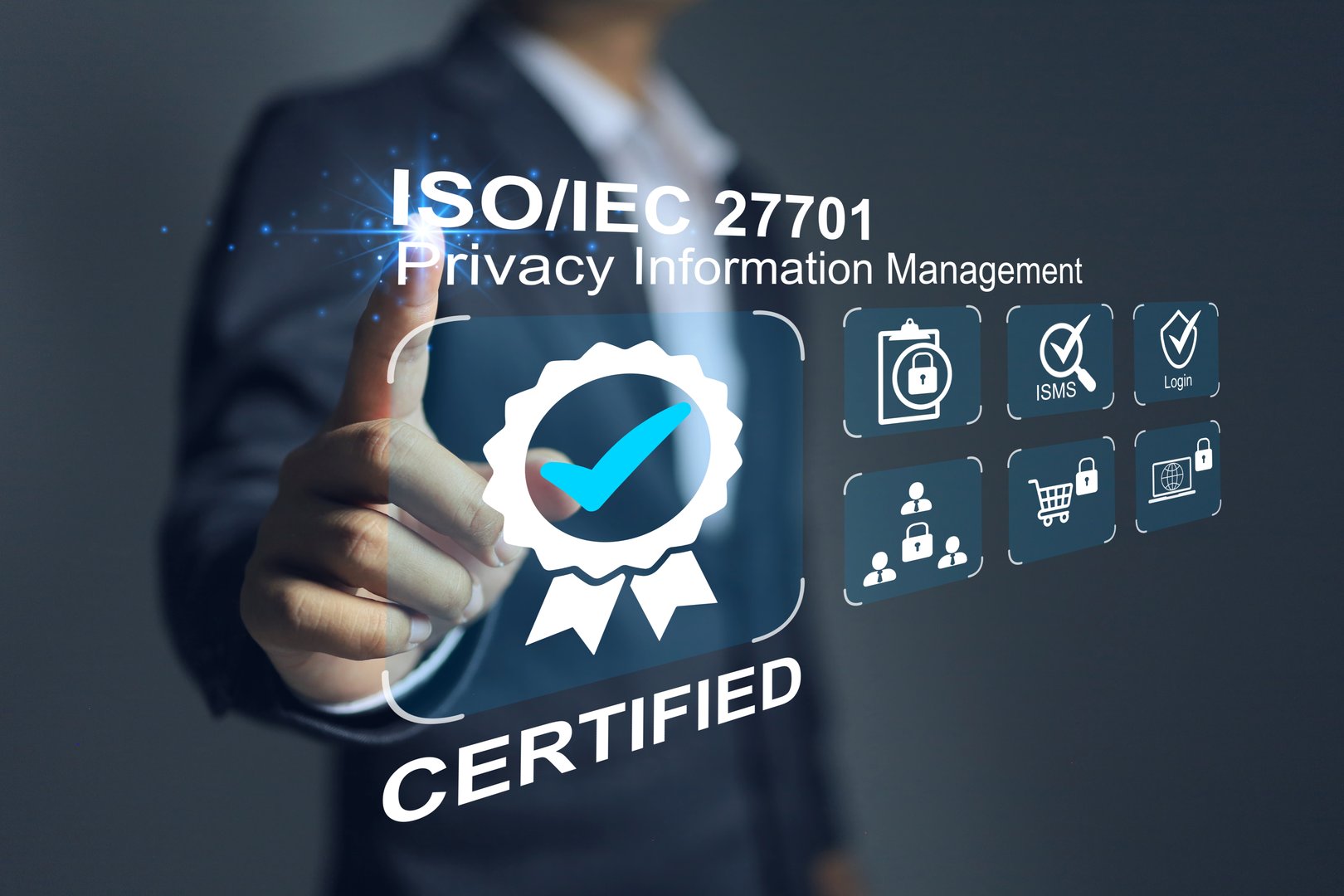 Businessman works on ISO 27701 privacy information management an online user privacy standard this is subset of ISO 27001 for informantion technology securuty.