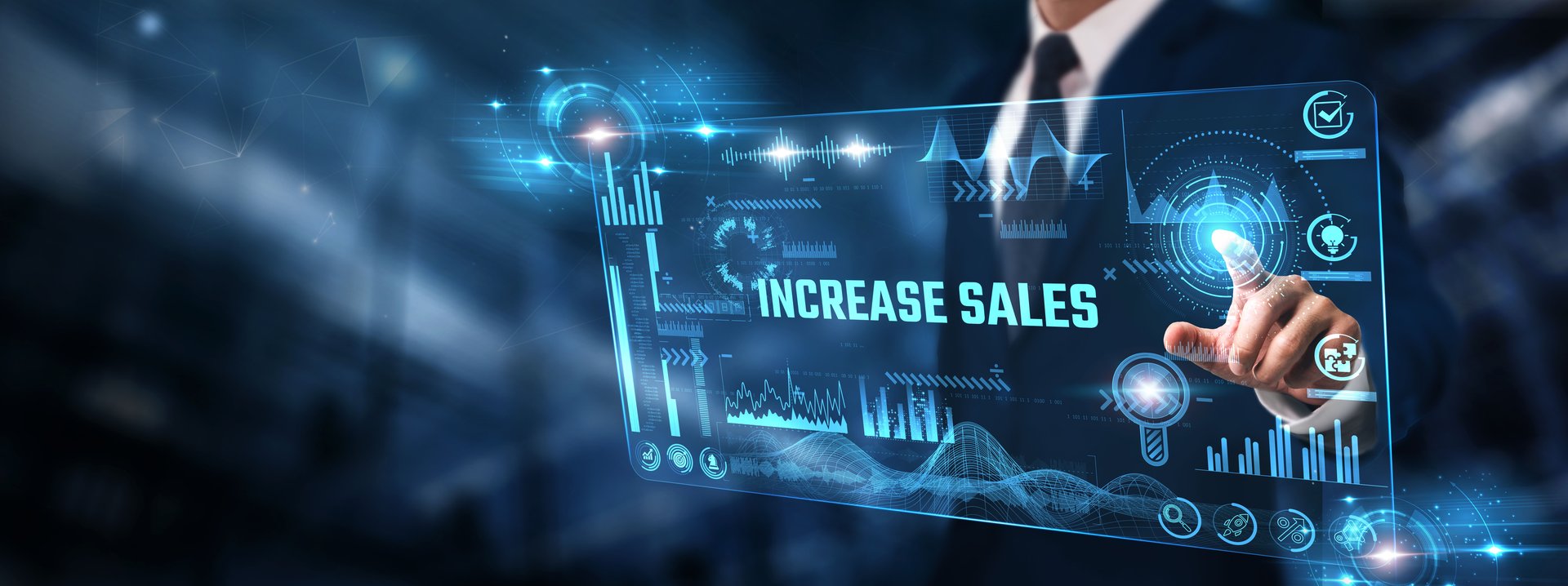 Increase Sales: Businessman analyzing digital screen of graph data and revenue growth, customer insights, sales strategy, market trends, and conversion optimization.