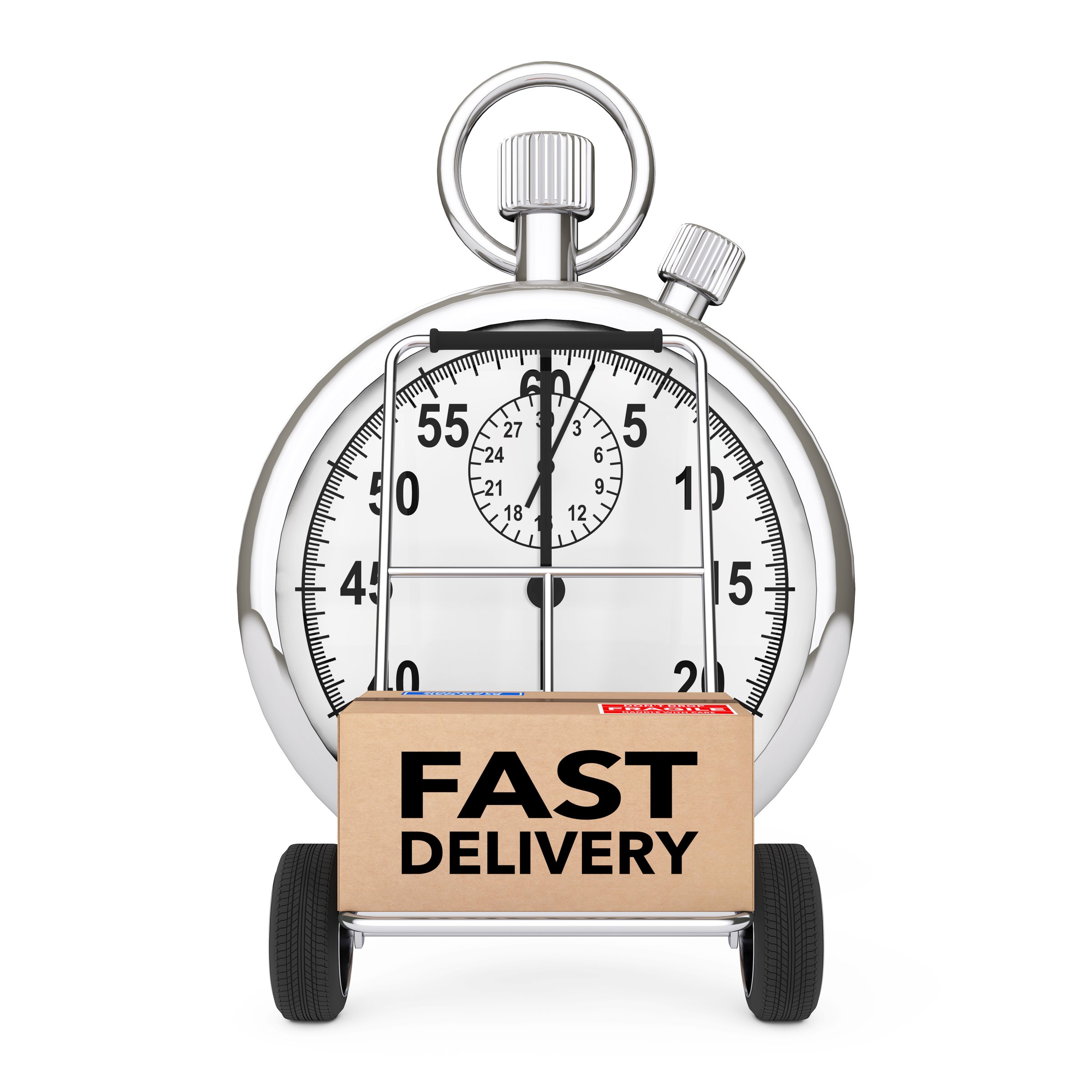 Logistic Concept. Stopwatch near Box with Fast Delivery Sign over Cart on a white background. 3d Rendering.