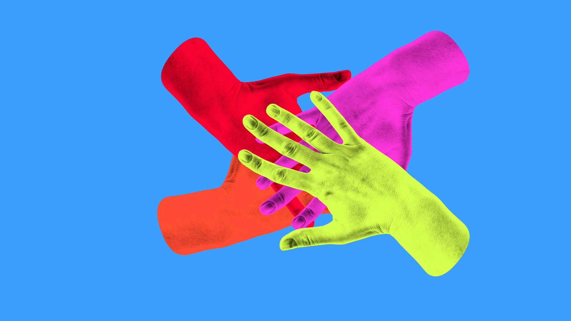 Minimalist collage. Colorful teamwork hands joining together in unity symbol of collaboration. Concept of inclusion, accessibility, diversity, cooperation, social interaction and emotional support.