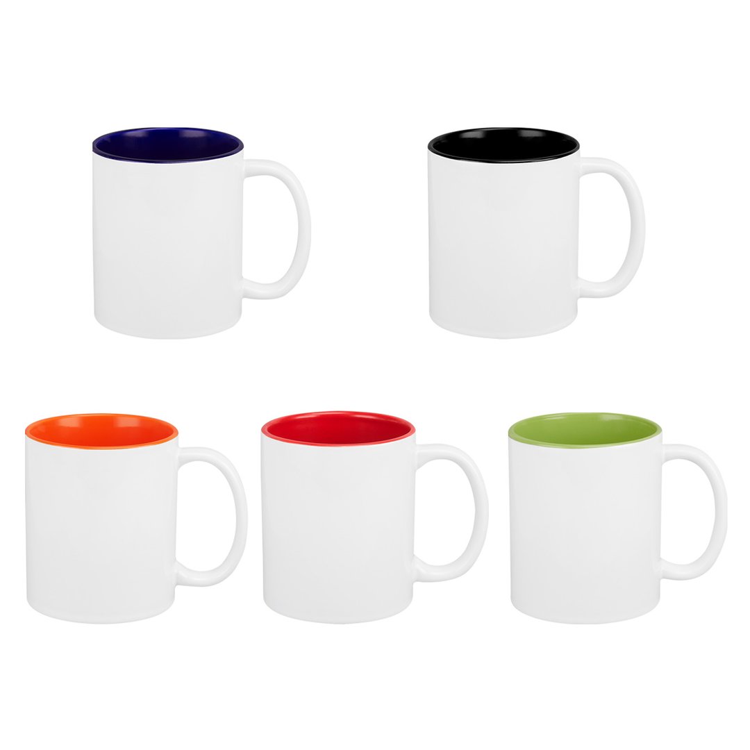 Five white mugs with colored interiors: blue, black, orange, red, and green, arranged in two rows.