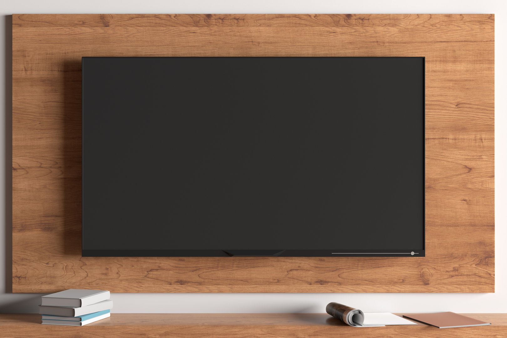 TV screen mock up on the wooden plate on the wall in modern living room. 3d illustration