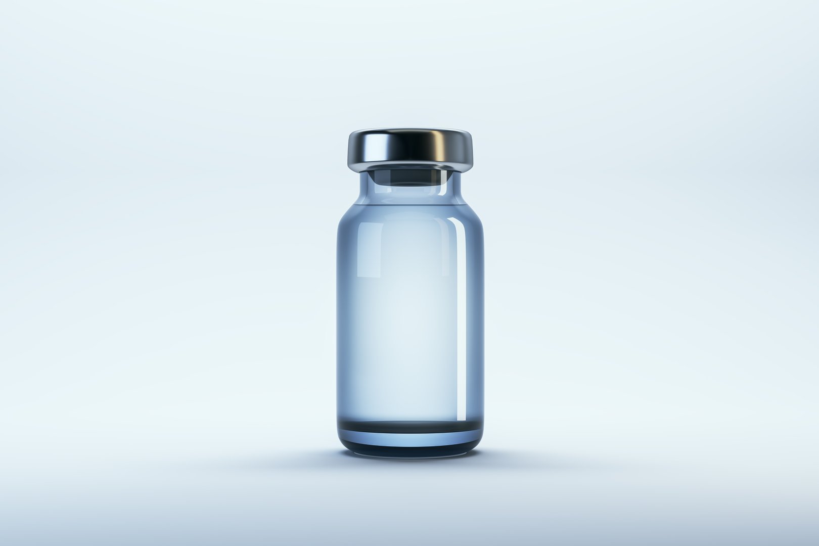 Transparent empty medical vial template with metallic cap, clean minimalistic 3D Rendering on light background, concept of branding and design