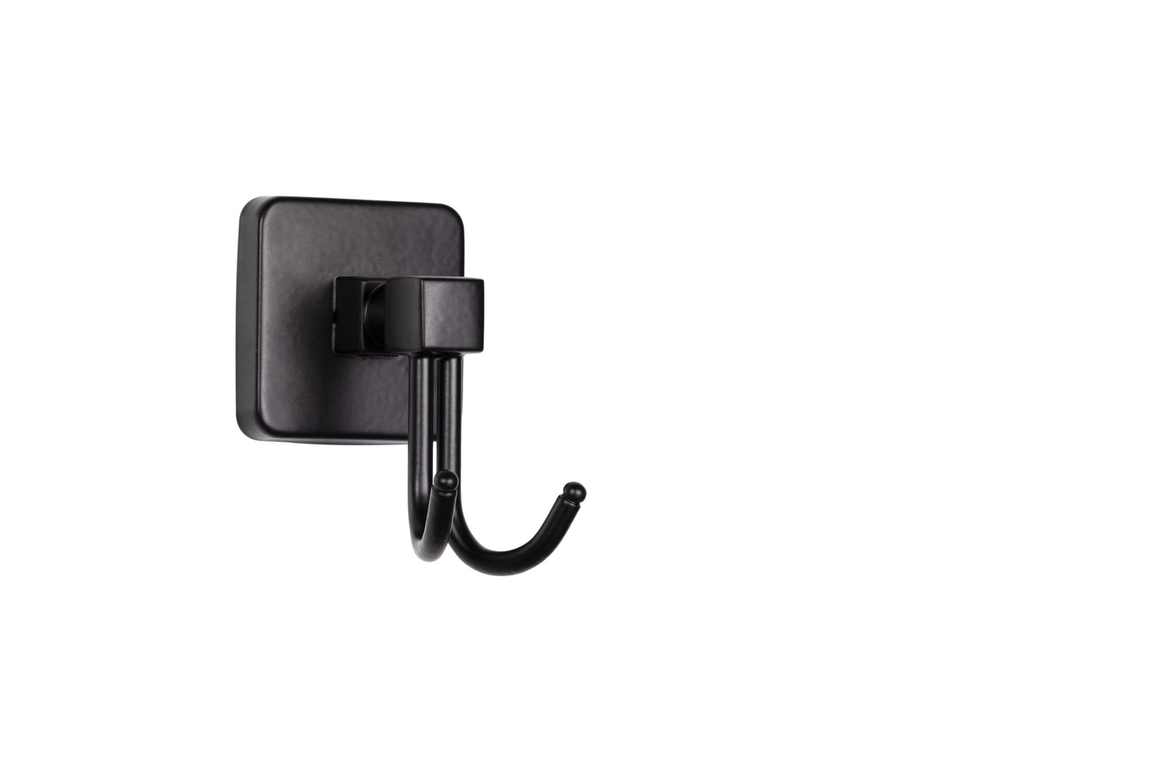 Sleek black matte wall hook with square base plate. Versatile and durable coat hanger for bathroom, bedroom, or entryway. Modern minimalist design complements various home decor styles. Easy installation for organizing clothes, towels, or accessories.