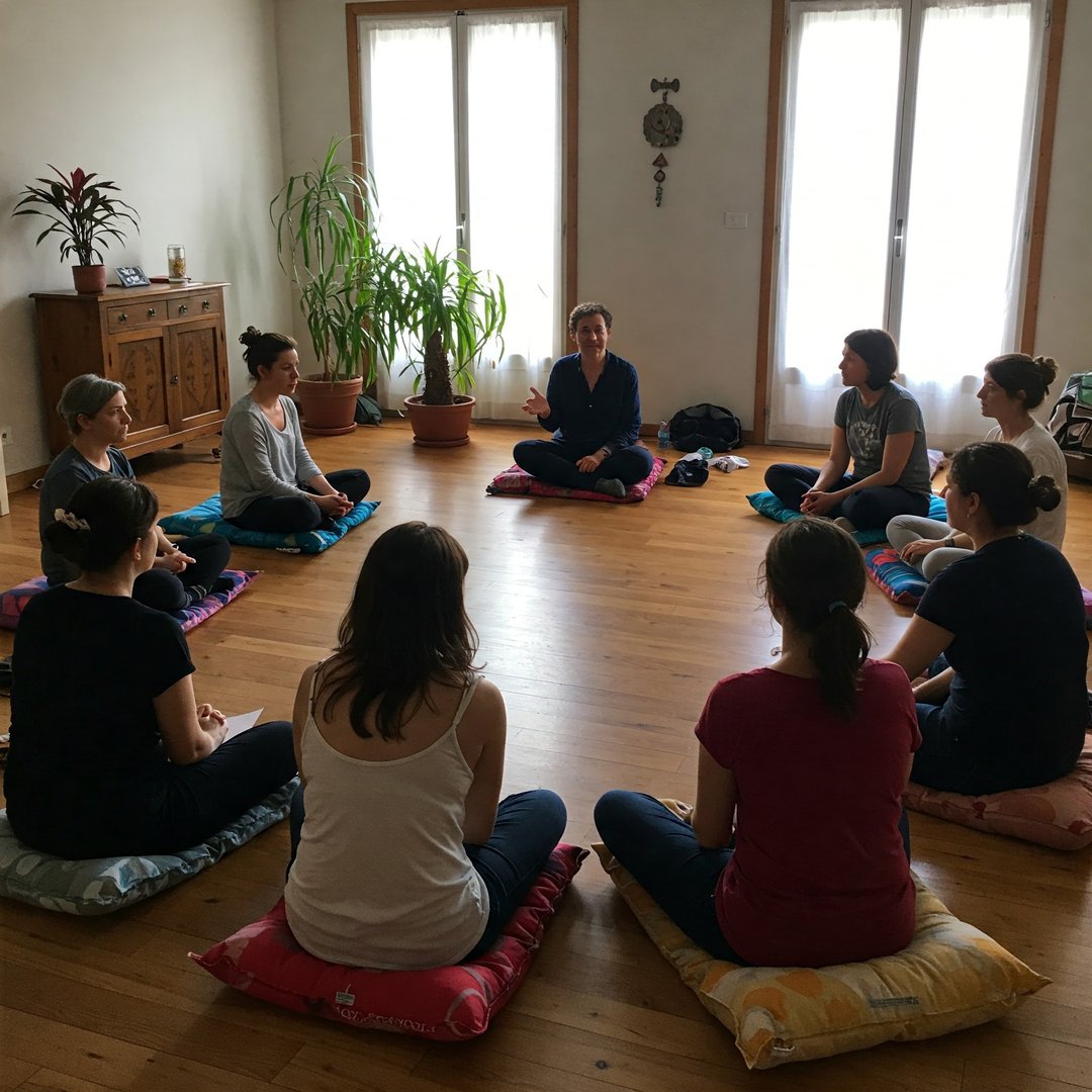 A group of people sitting in a circle on cushions in a well-lit room, engaging in a meditation or discussion session.