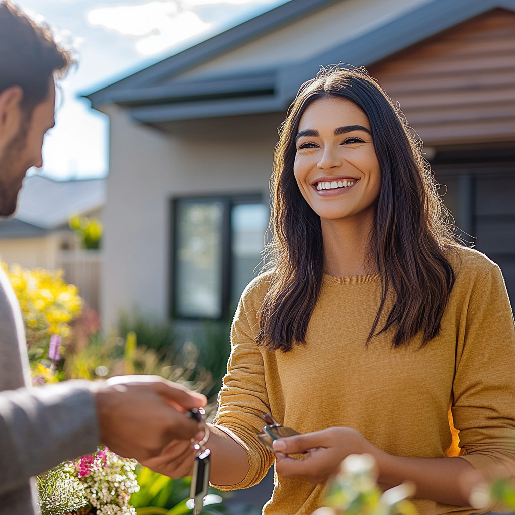 Woman smiling and receiving keys from a man outside a house in a bright, sunny setting.