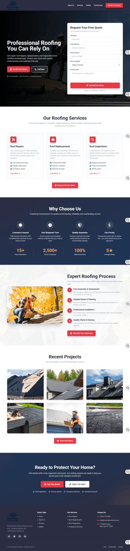 Roofing contractor website design - professional landing page for local roofing services
