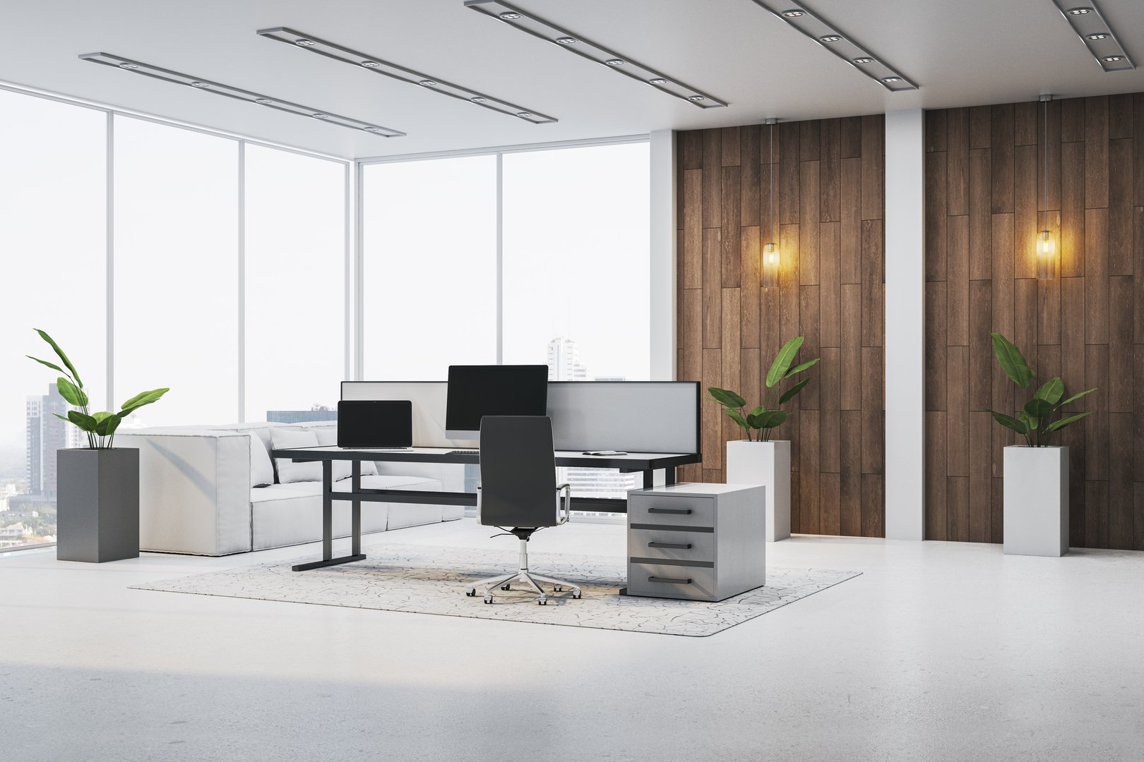 Modern executive workplace with sleek desk, black chair, wood panel wall, large windows, indoor plants, and clean interior. 3D Rendering