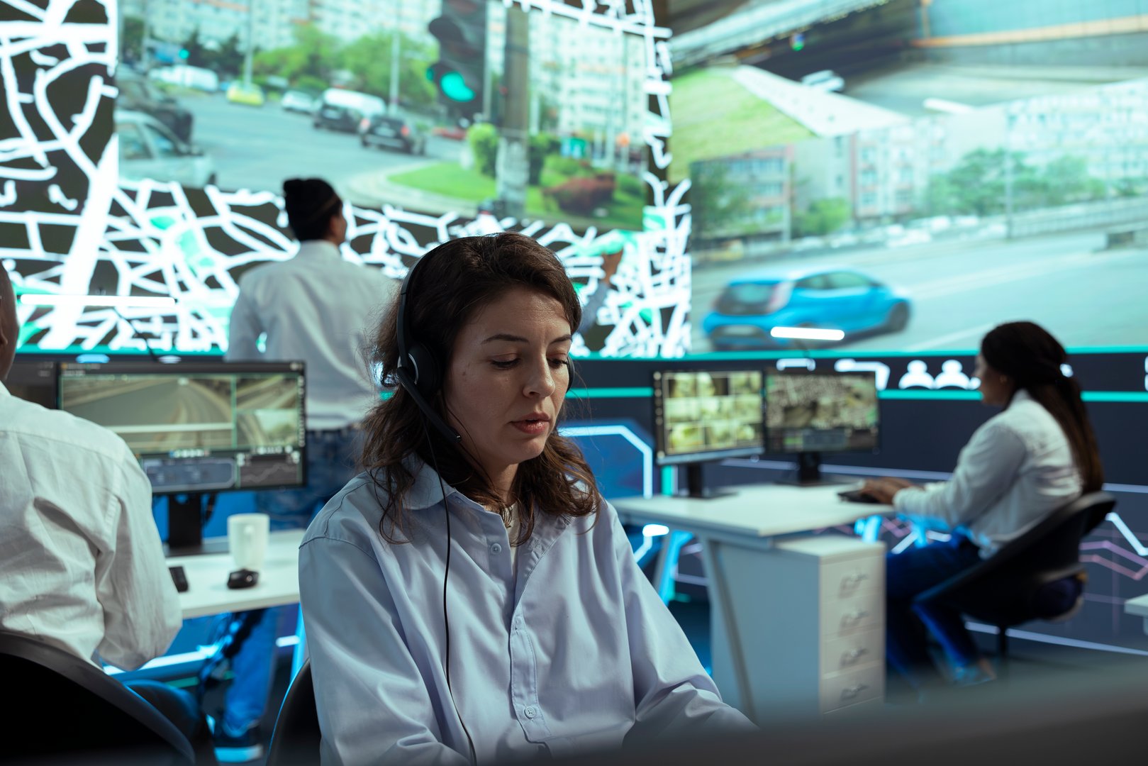 Woman dispatcher gives order location updates to customers, operates on satellite map and CCTV surveillance footage to monitor delivery trucks in traffic. Express shipping service.