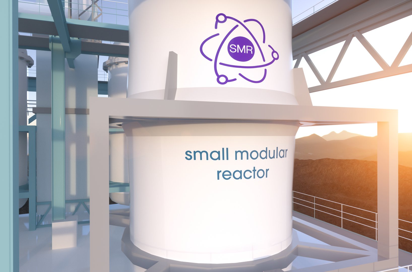 concept of a SMR small modular nuclear reactor power plant on a sunny day. SMR is a future energy concept. 3d rendering.