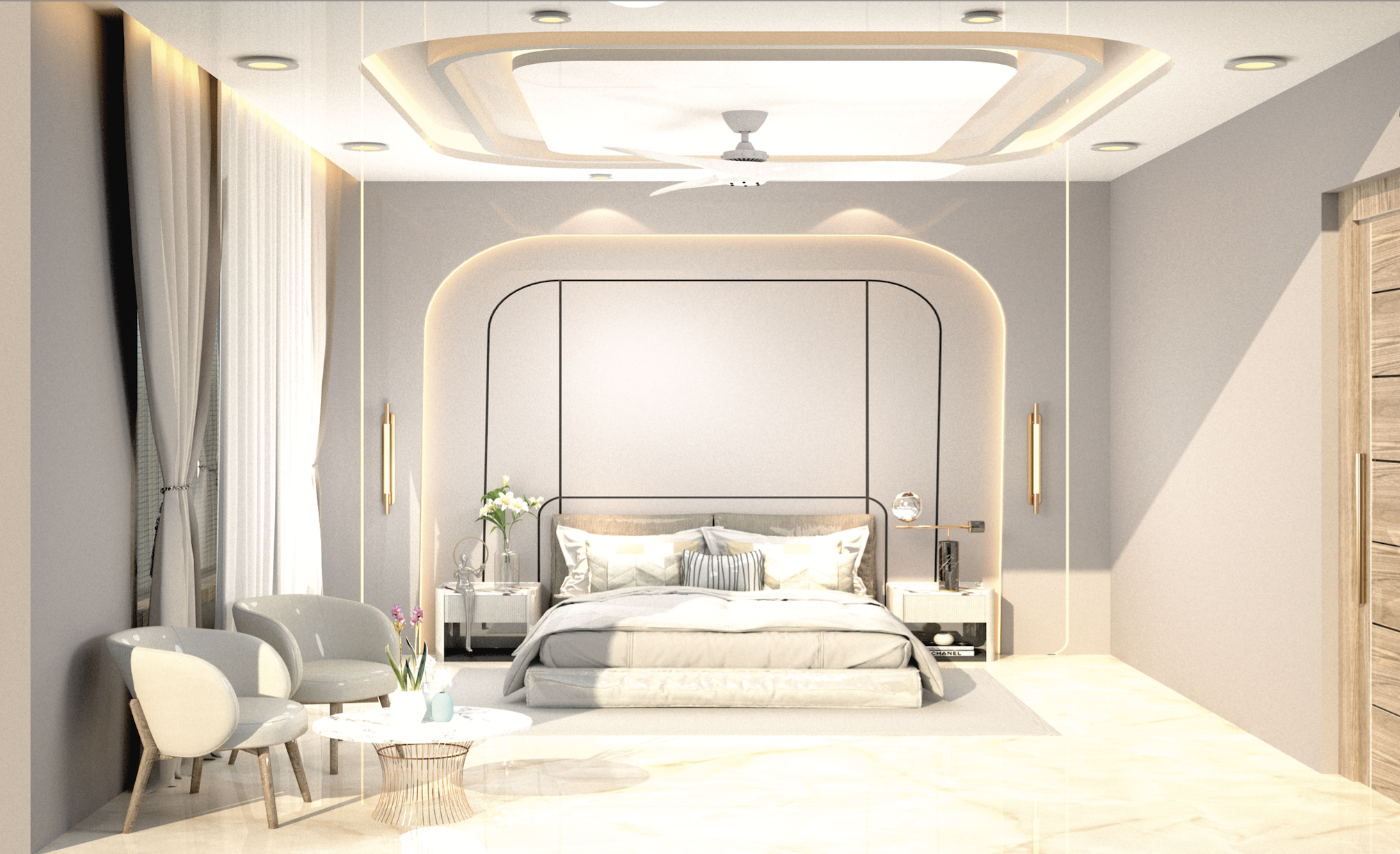 Modern bedroom with neutral tones, a bed with pillows, two chairs, a small table, and ambient lighting.