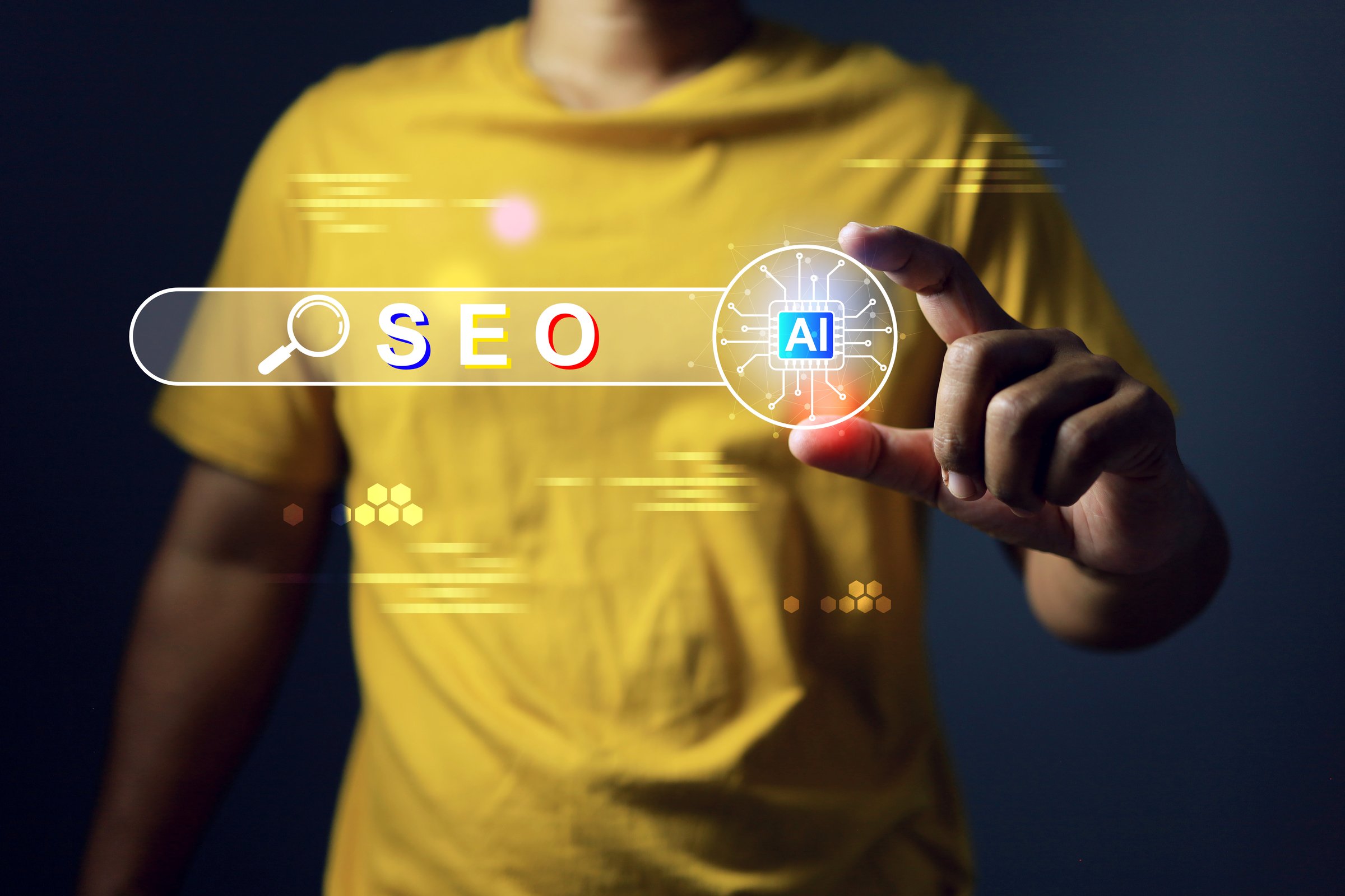 AI SEO concept with a man holding search engine optimization bar wich cooperate by artificial intelligence