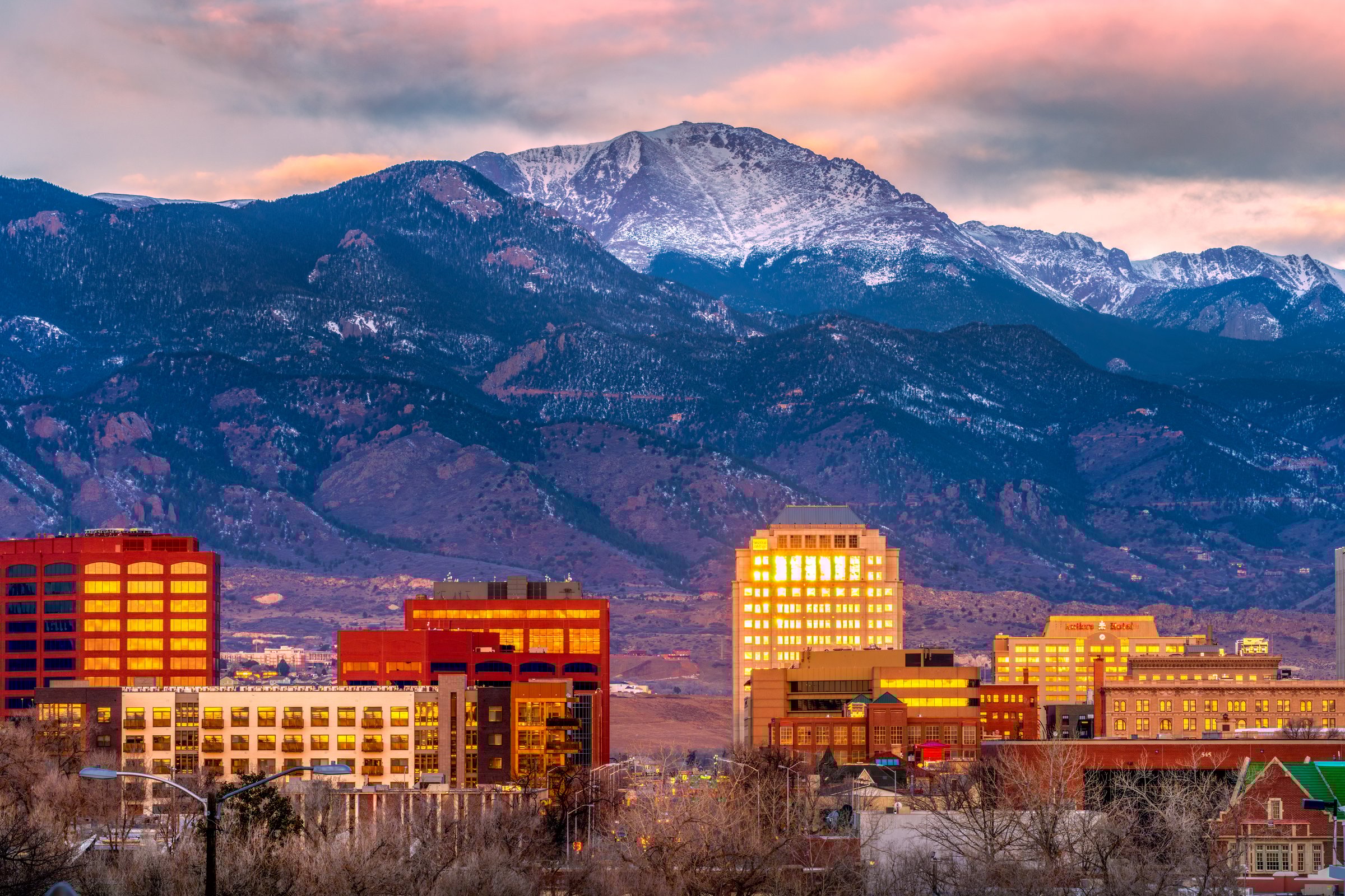 Pikes Peak and Downtown Colorado Springs Sunrise