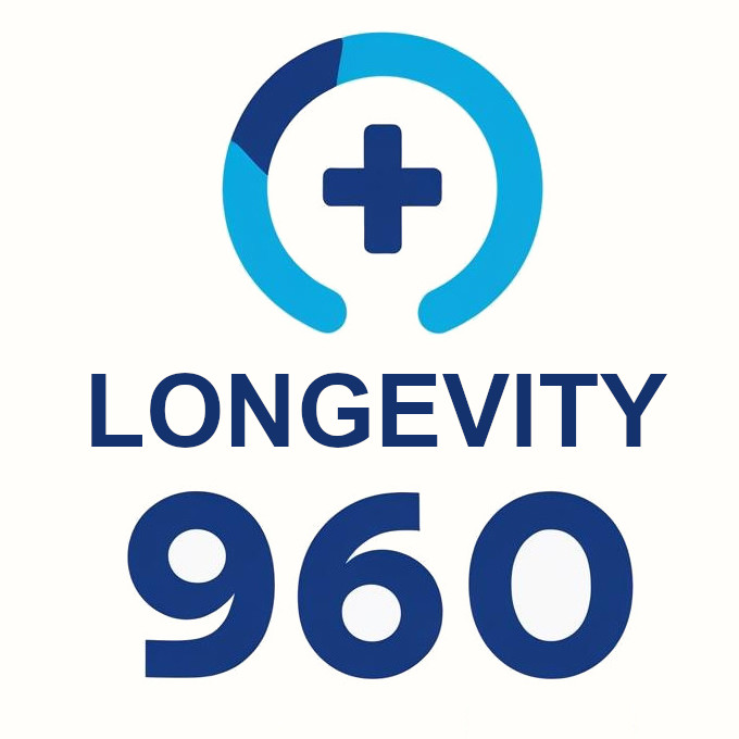 A logo featuring a blue circle with a cross inside above the text Longevity 960 in bold blue letters.