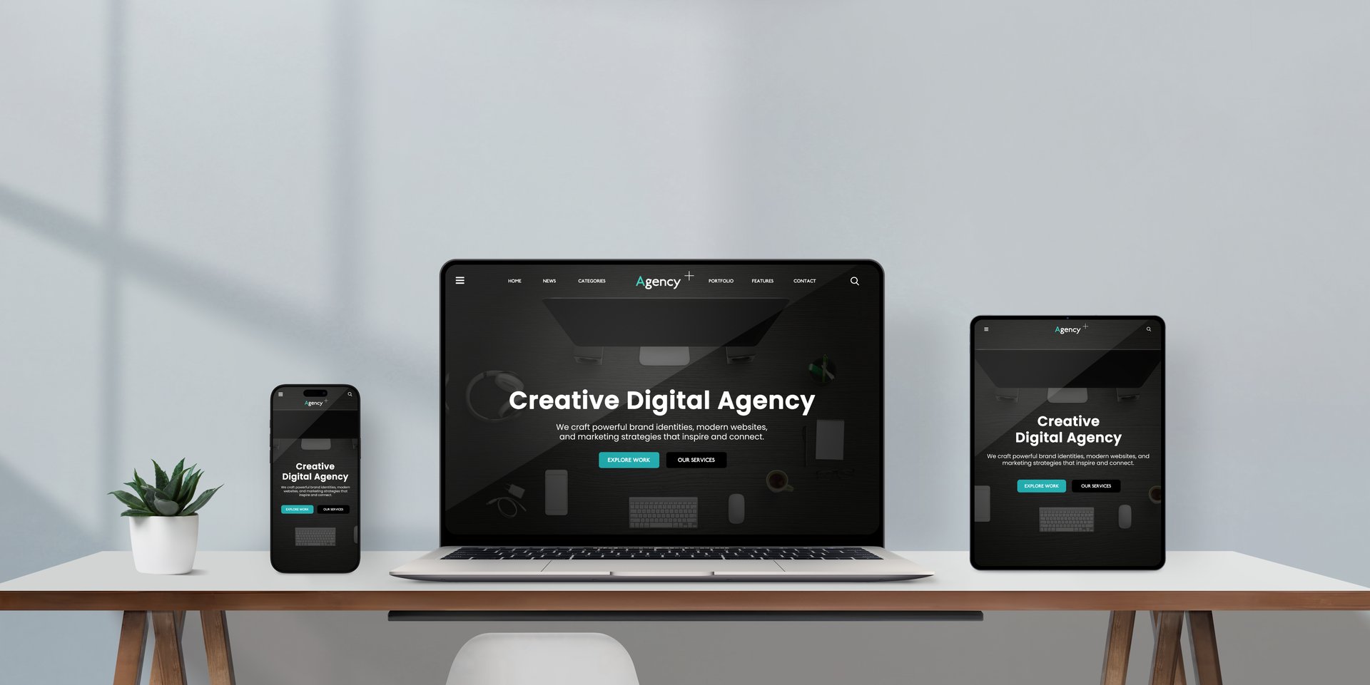 Laptop, tablet, and smartphone on minimalist desk display creative digital agency responsive website interface in dark mode, modern workspace with natural light
