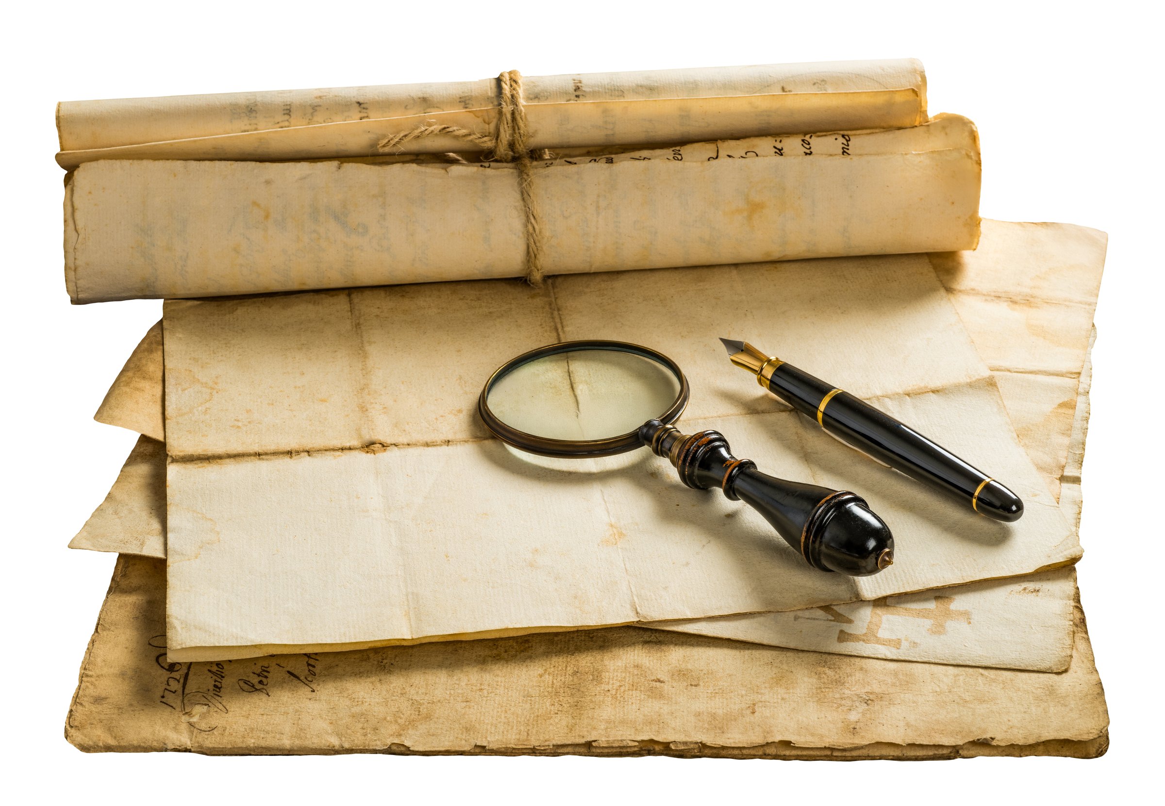 Fountain pen and magnifying glass with old sheets isolated on withe background