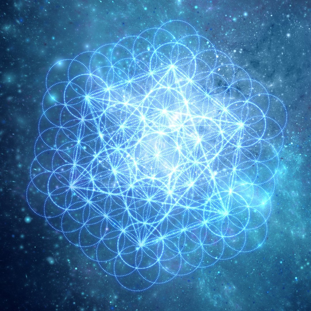 Sacred geometry. Flower of Life. Metatron's Cube. With turquoise blue and white fractal space background.