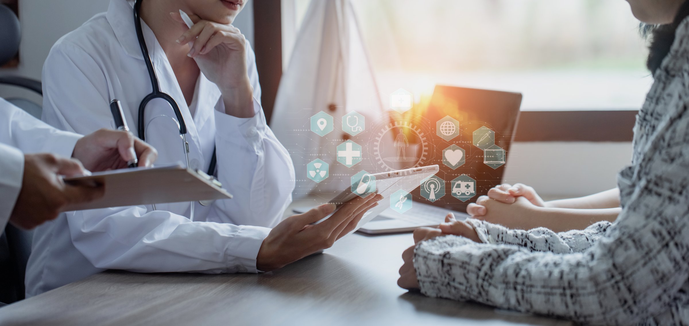 Doctor using tablet with medical medical network connection icons, Medical and Healthcare hospital service concept.