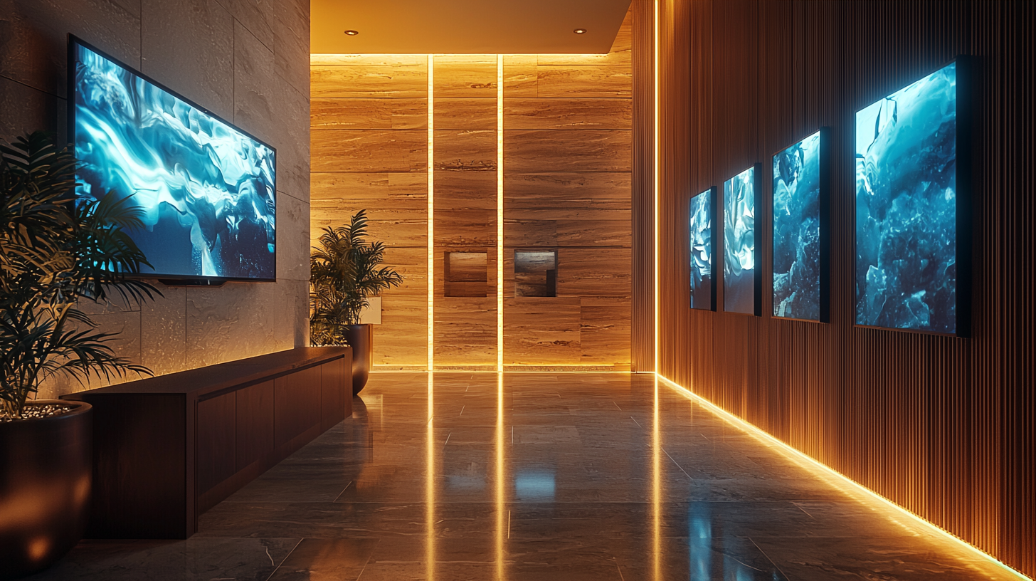 Modern lobby with large digital screens, wood paneling, illuminated floors, and potted plants, creating a warm ambiance.