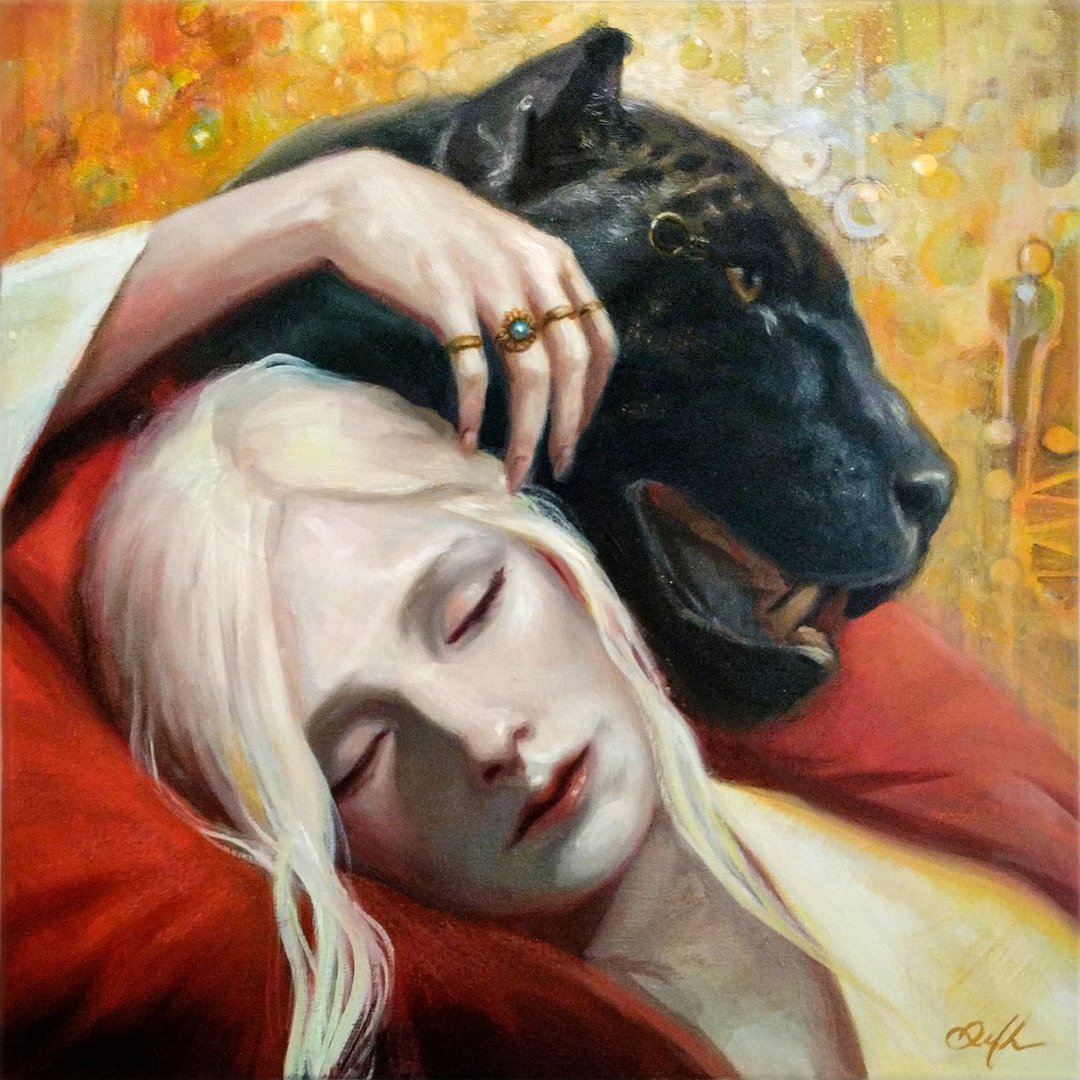 Painting of a serene woman with white hair lying beside a black panther, adorned with gold rings and a red cushion.