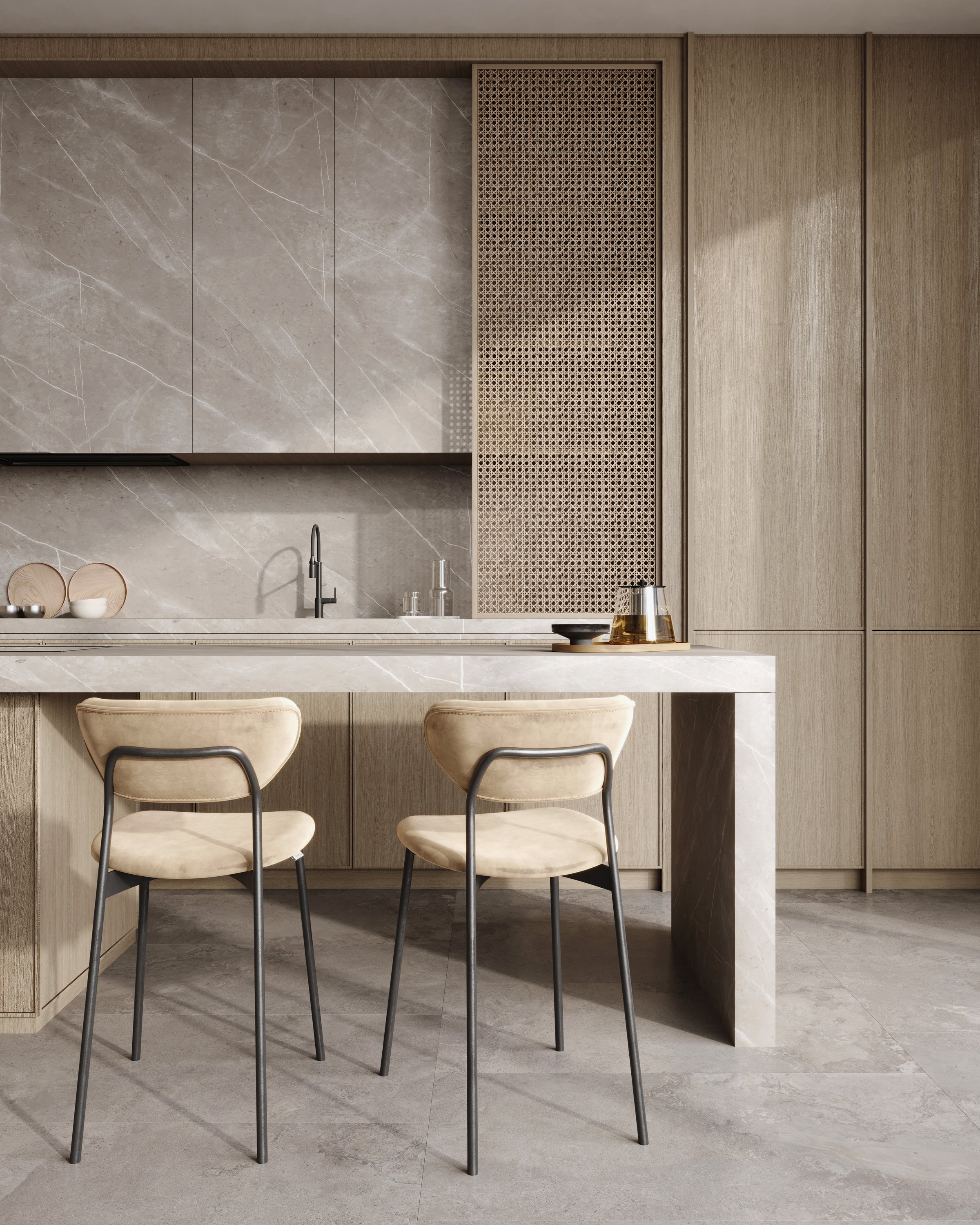 Modern wooden kitchen interior design design, close up, 3d rendering