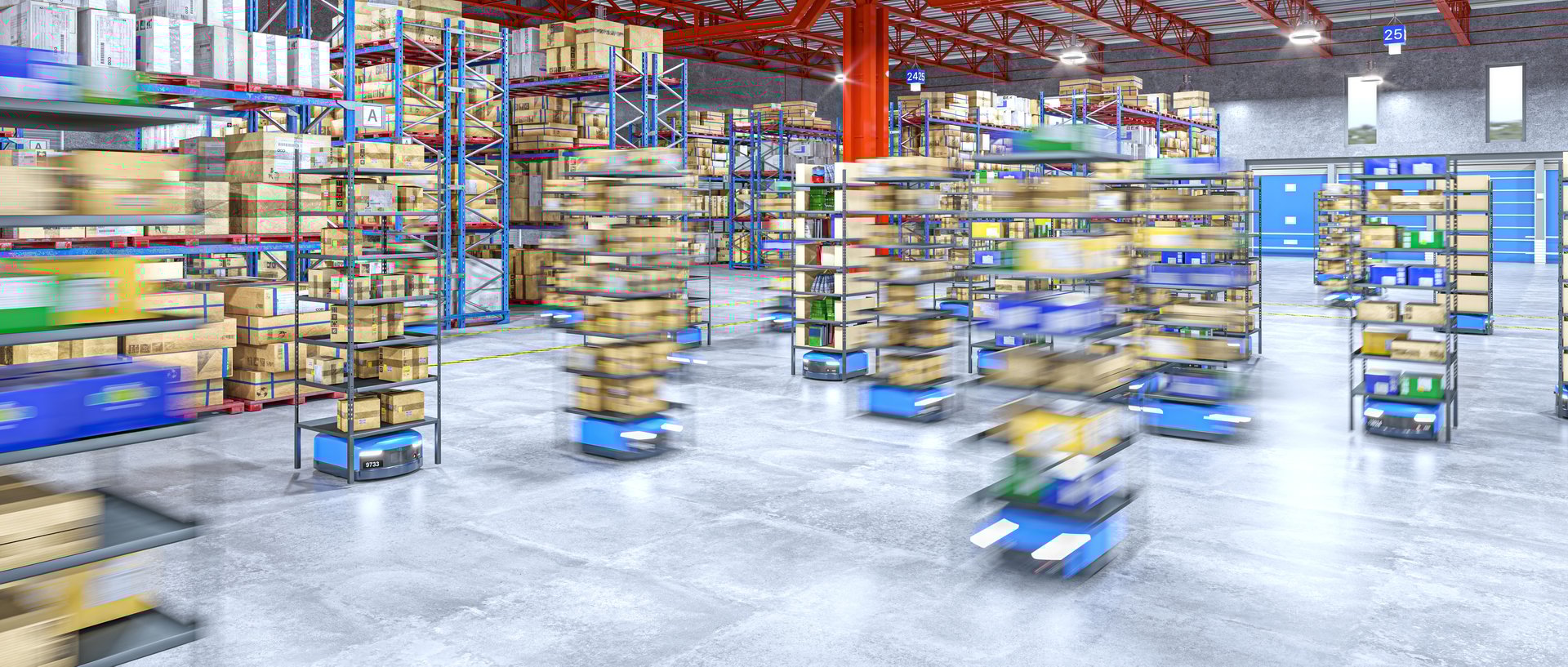 Smart logistic concept with automated guided vehicles transporting shelves and packages inside a large distribution center,3d