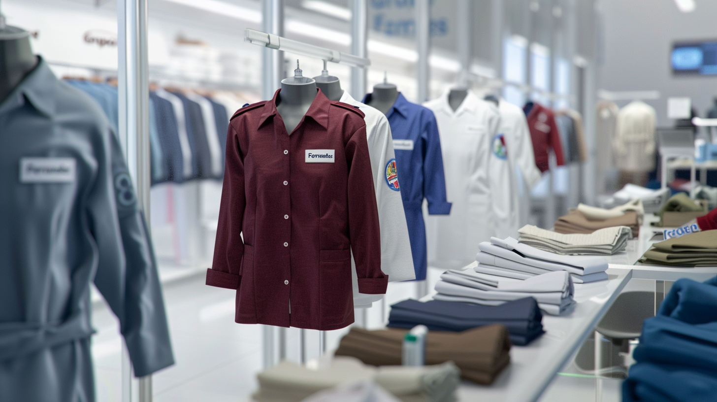 Store display featuring work shirts with patches, folded clothes, and industrial-style decor in a retail environment.
