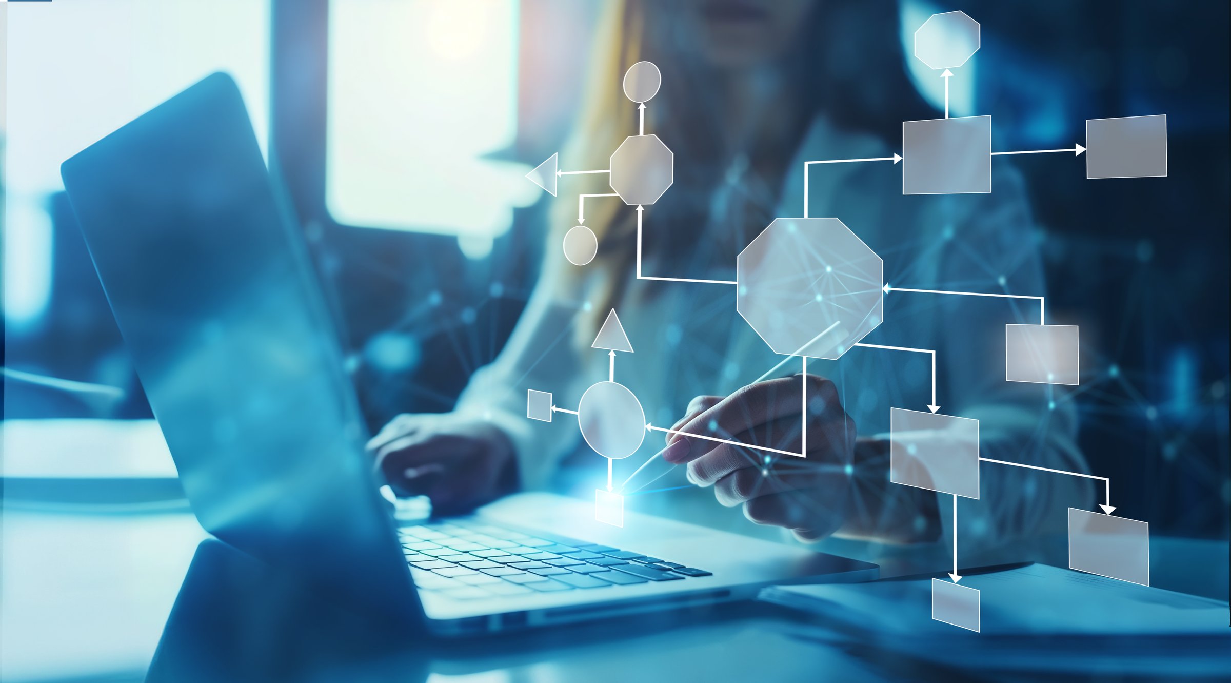 Business process and workflow automation with flowchart, businesswoman in background