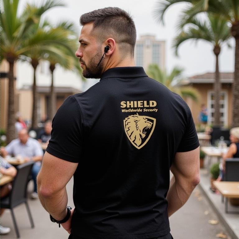 Man in a black Shield Worldwide Security polo shirt standing outdoors, with palm trees and people in the background.