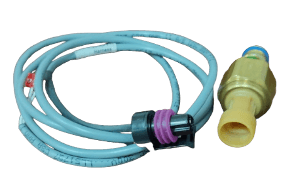 A temperature sensor with a brass connector and two electrical cables, one with a black and purple connector.