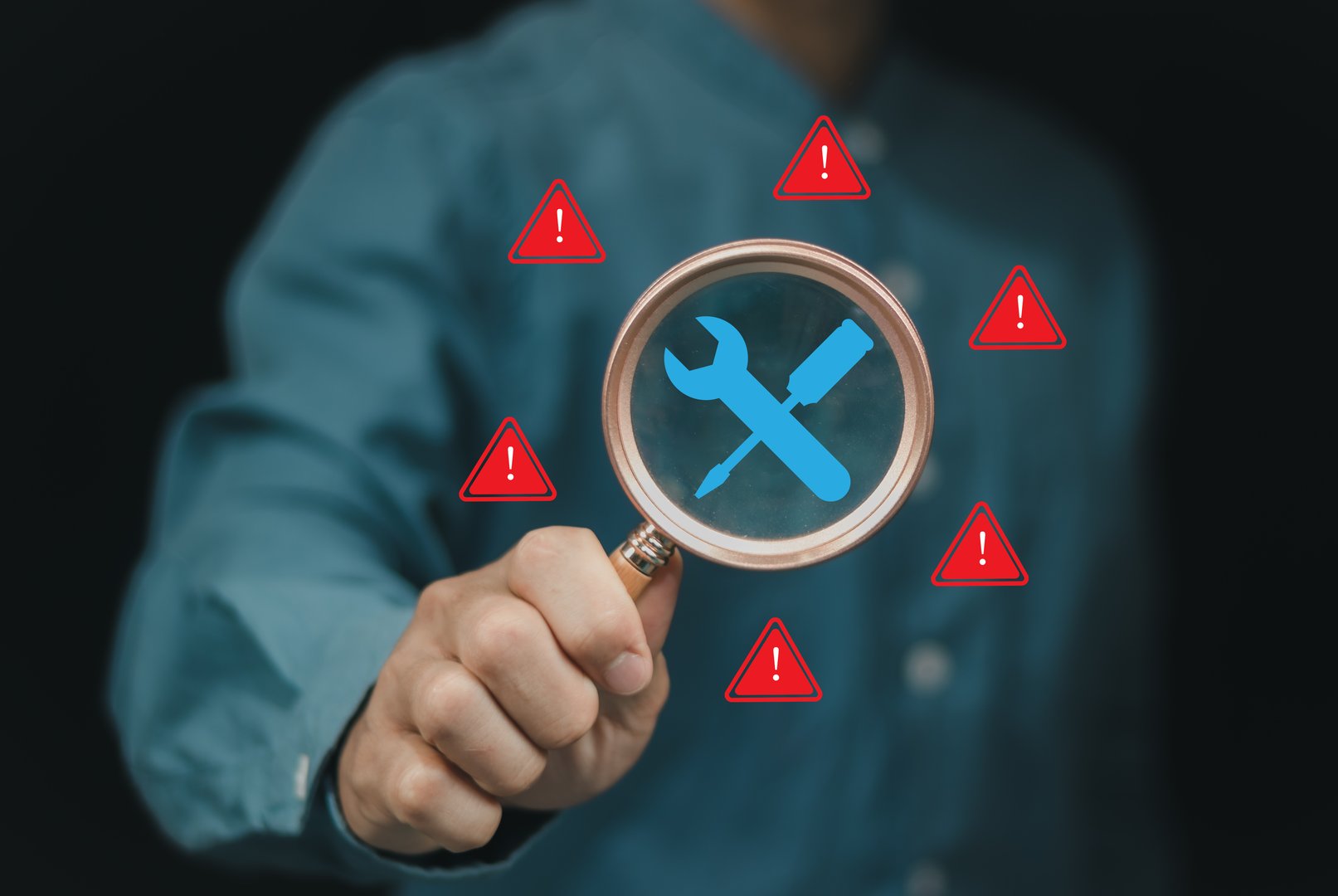 Maintenance Fixing System warning on internet or caution sign symbol. Notification error. cyber attack on computer network. Cybersecurity vulnerability, data breach, illegal connection.